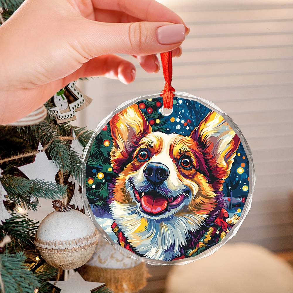 Beautiful Angus Corgi Dog Christmas Night Design 1 Glass Ornament