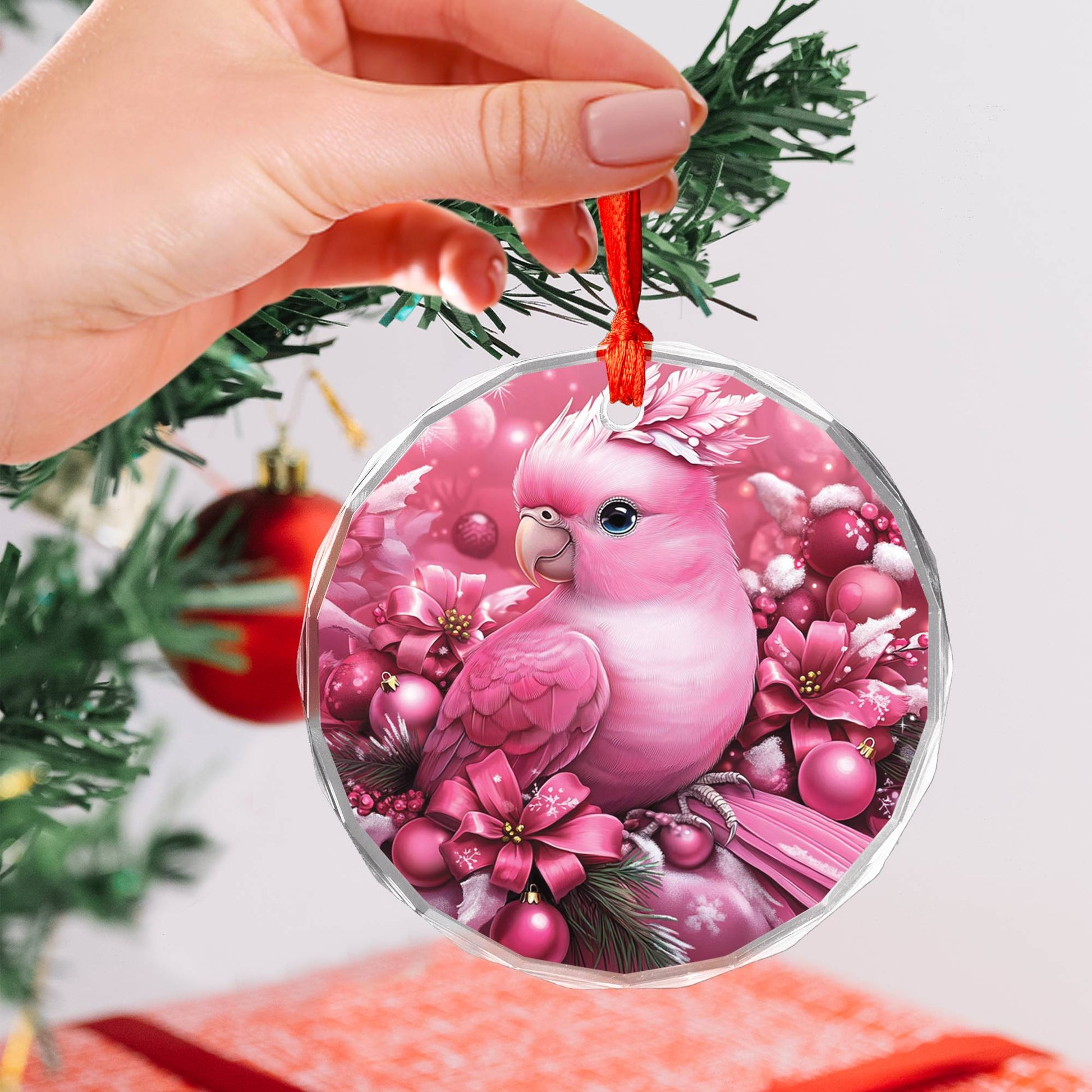 Parrot Pink Christmas Design 1 Glass Ornament