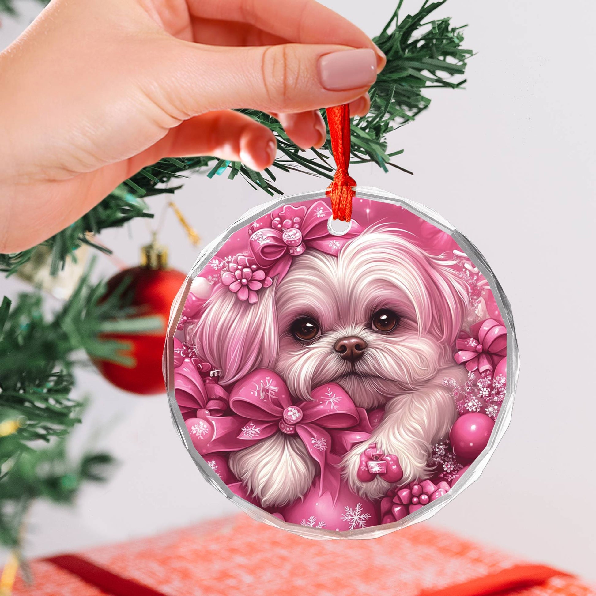 Shih Tzu Dog Pink Christmas Design 3 Glass Ornament