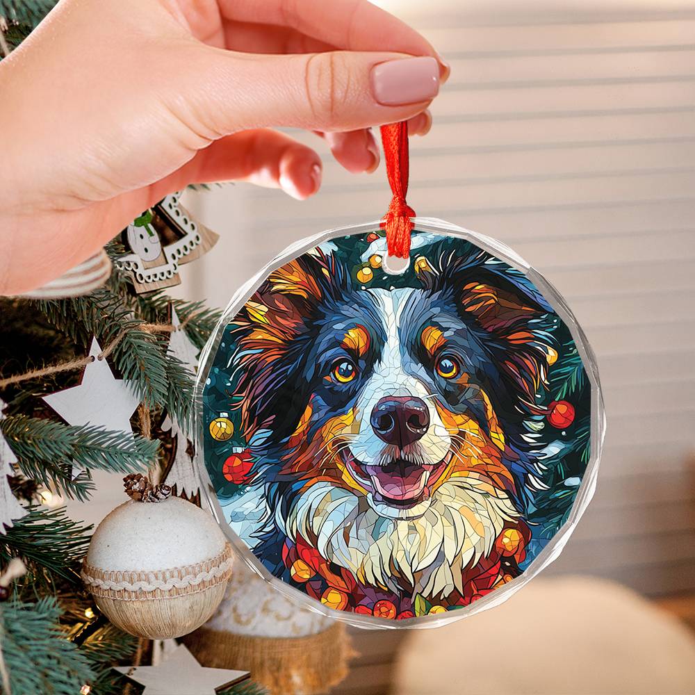 Beautiful Border Collie Dog Christmas Night Design 4 Glass Ornament