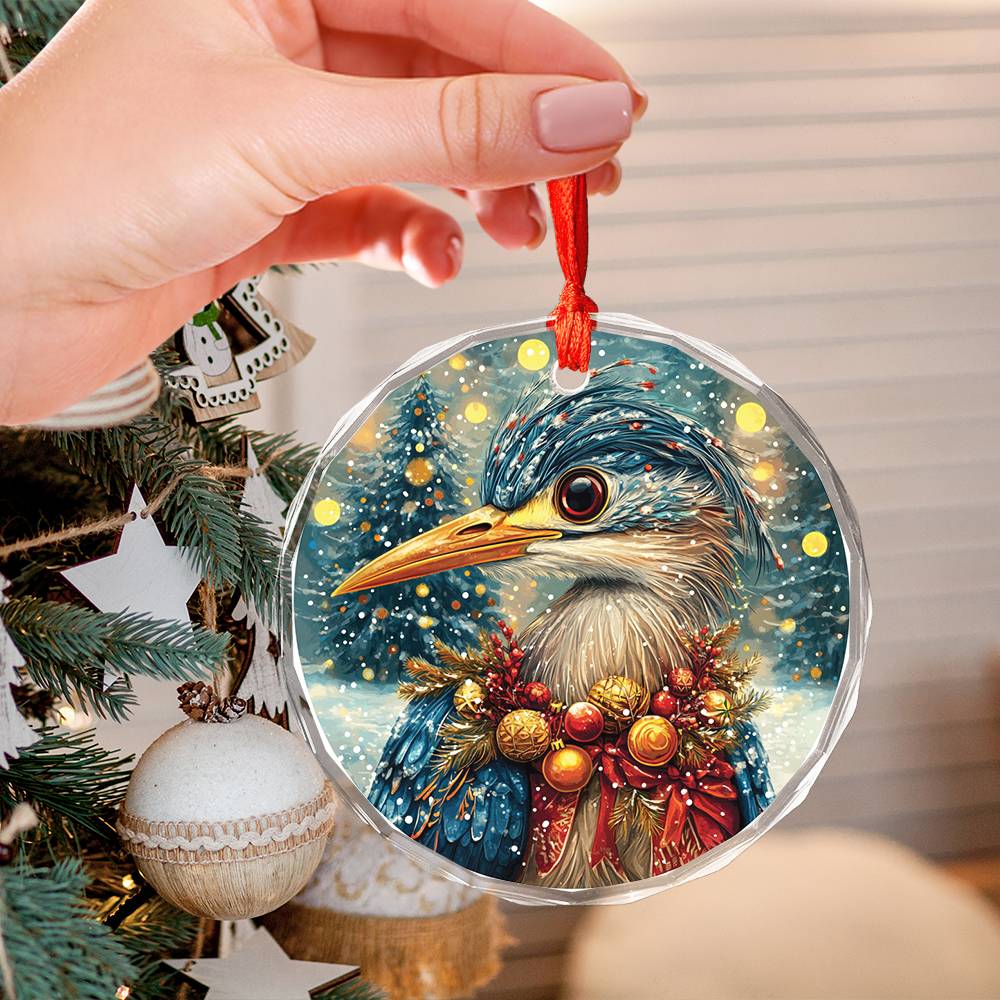 Beautiful Heron Christmas Night Design 4 Glass Ornament