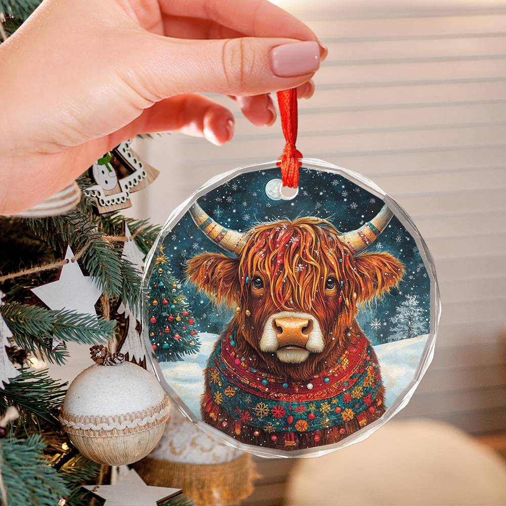Beautiful Highland Cow Christmas Night Design 3 Glass Ornament