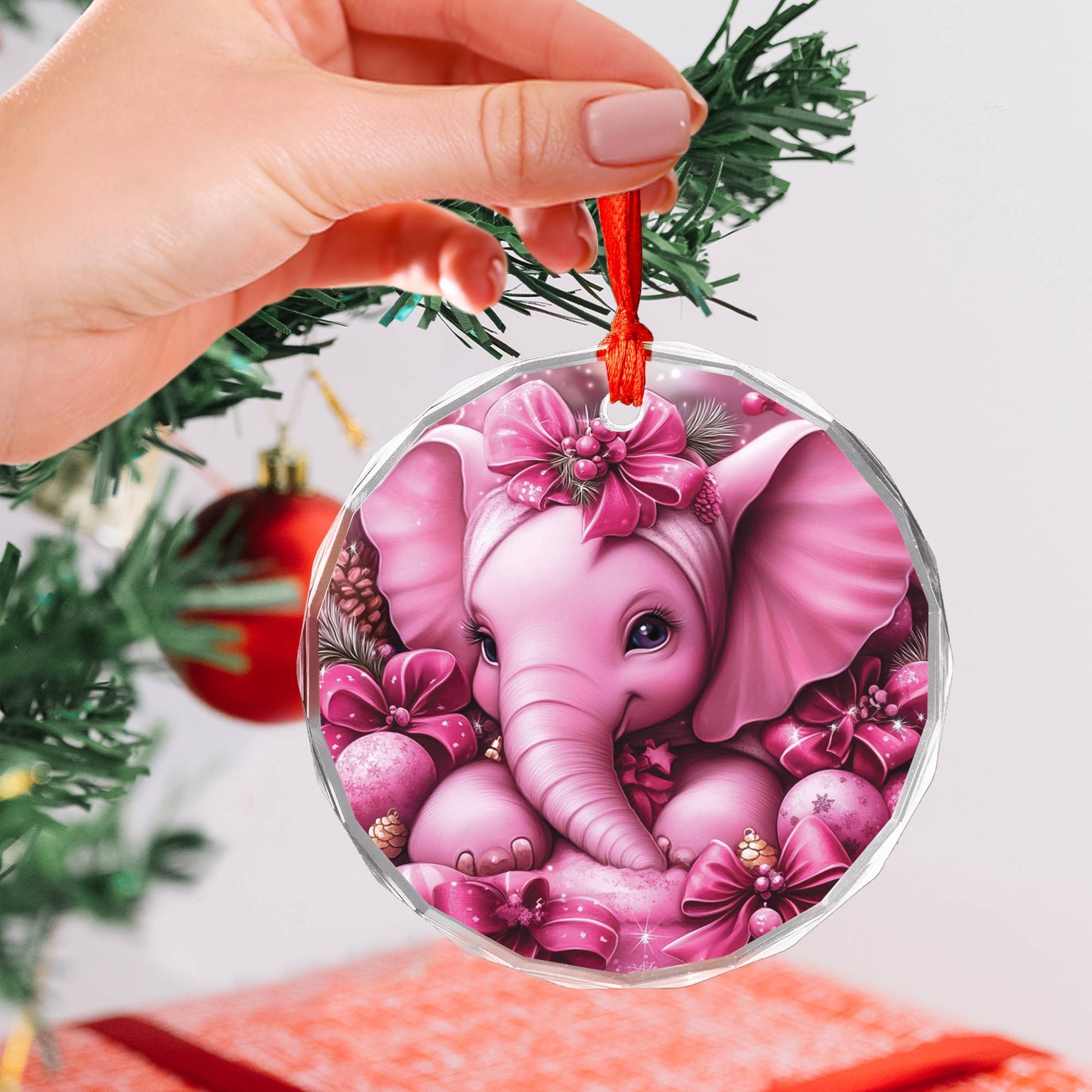 Elephant Pink Christmas Design 4 Glass Ornament