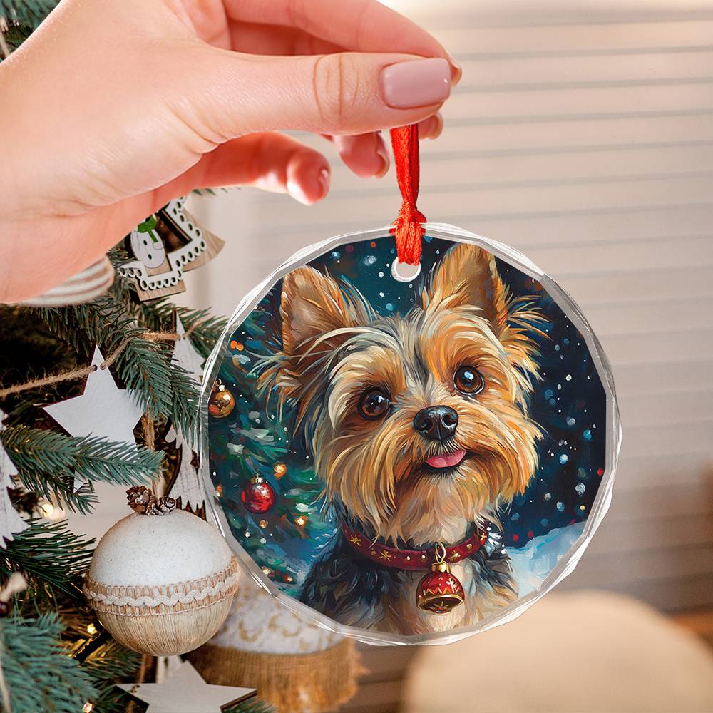 Beautiful Angus Yorkshire Terrier Dog Christmas Night Design 2 Glass Ornament