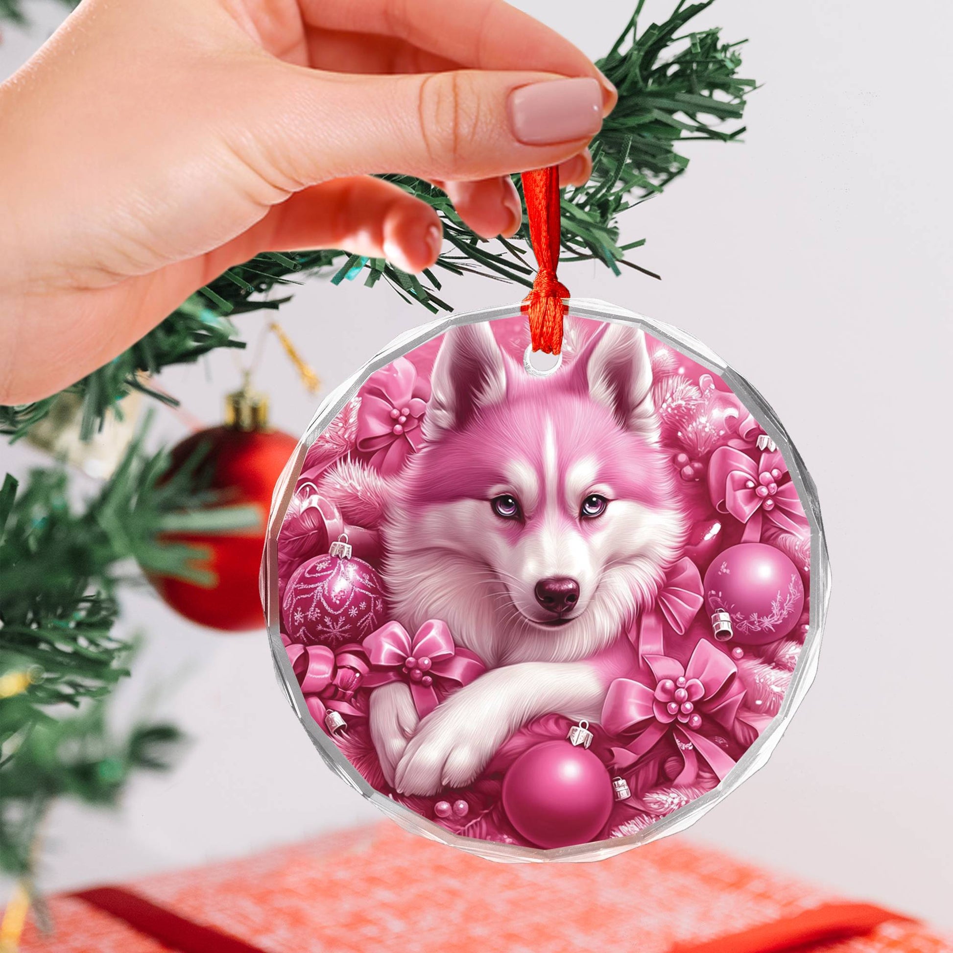 Siberian Huskie Dog Pink Christmas Design 2 Glass Ornament