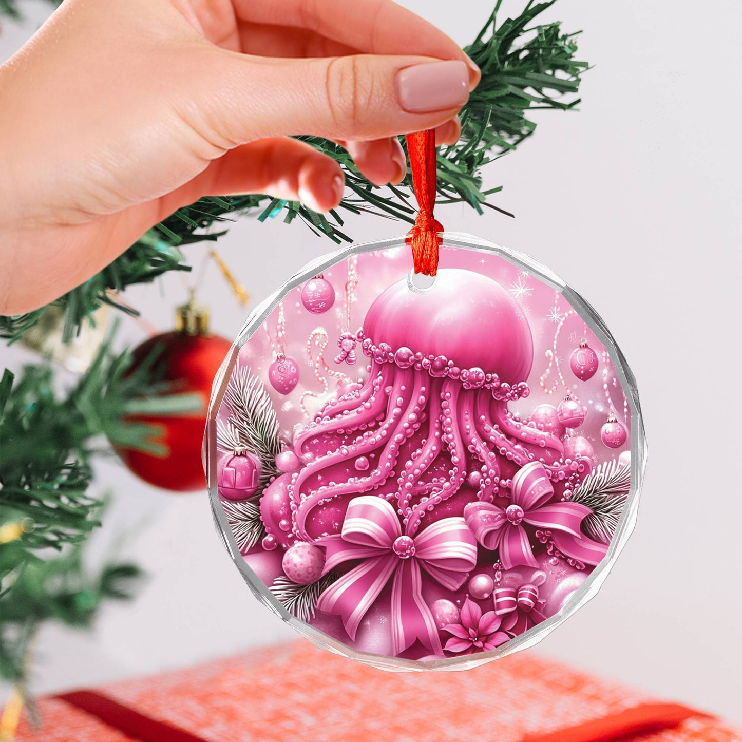 Jellyfish Pink Christmas Design 2 Glass Ornament