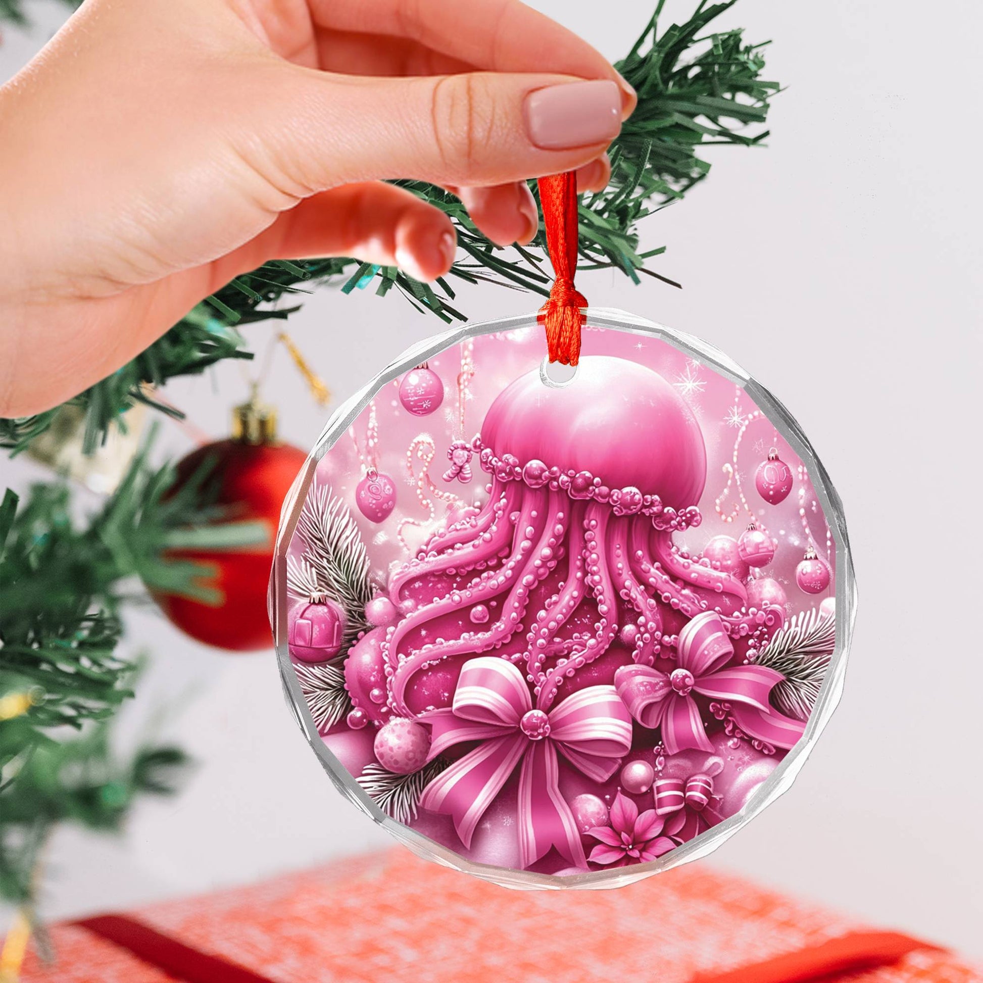 Jellyfish Pink Christmas Design 2 Glass Ornament
