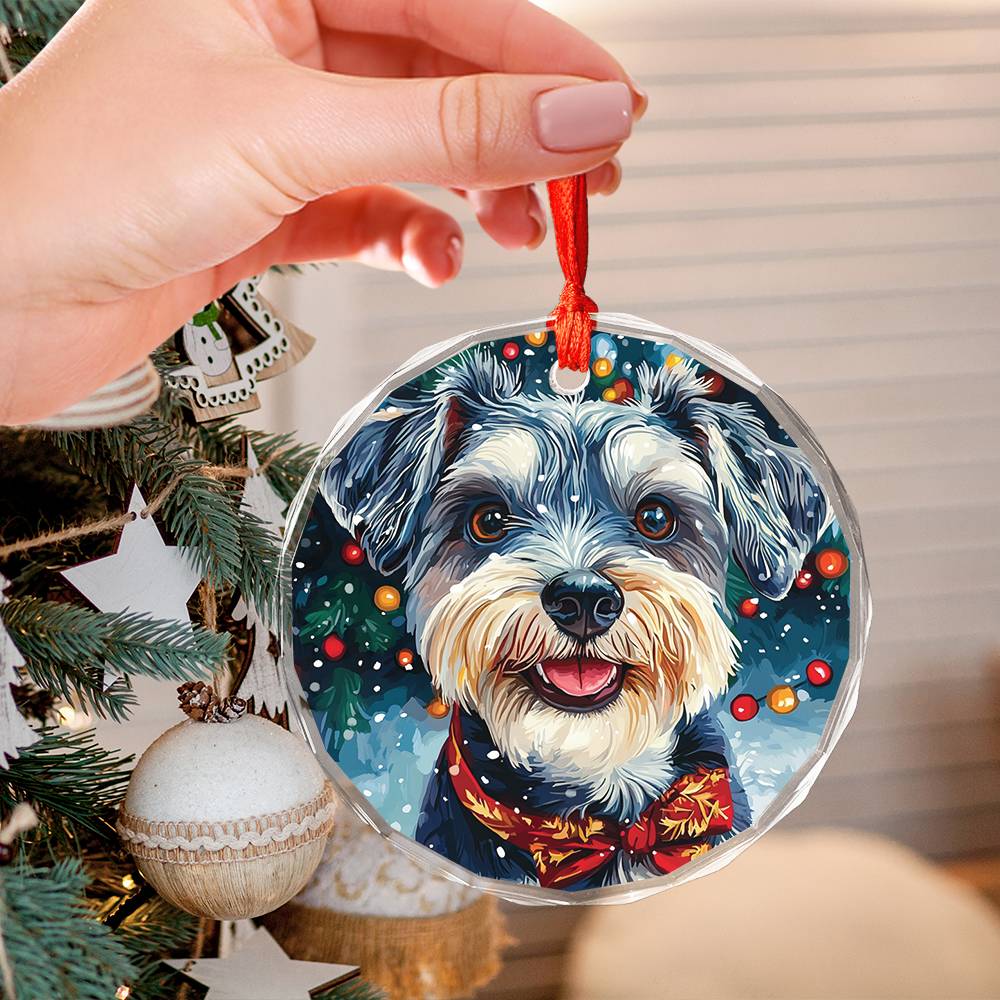 Beautiful Angus Miniature Schnauzer Dog Christmas Night Design 4 Glass Ornament