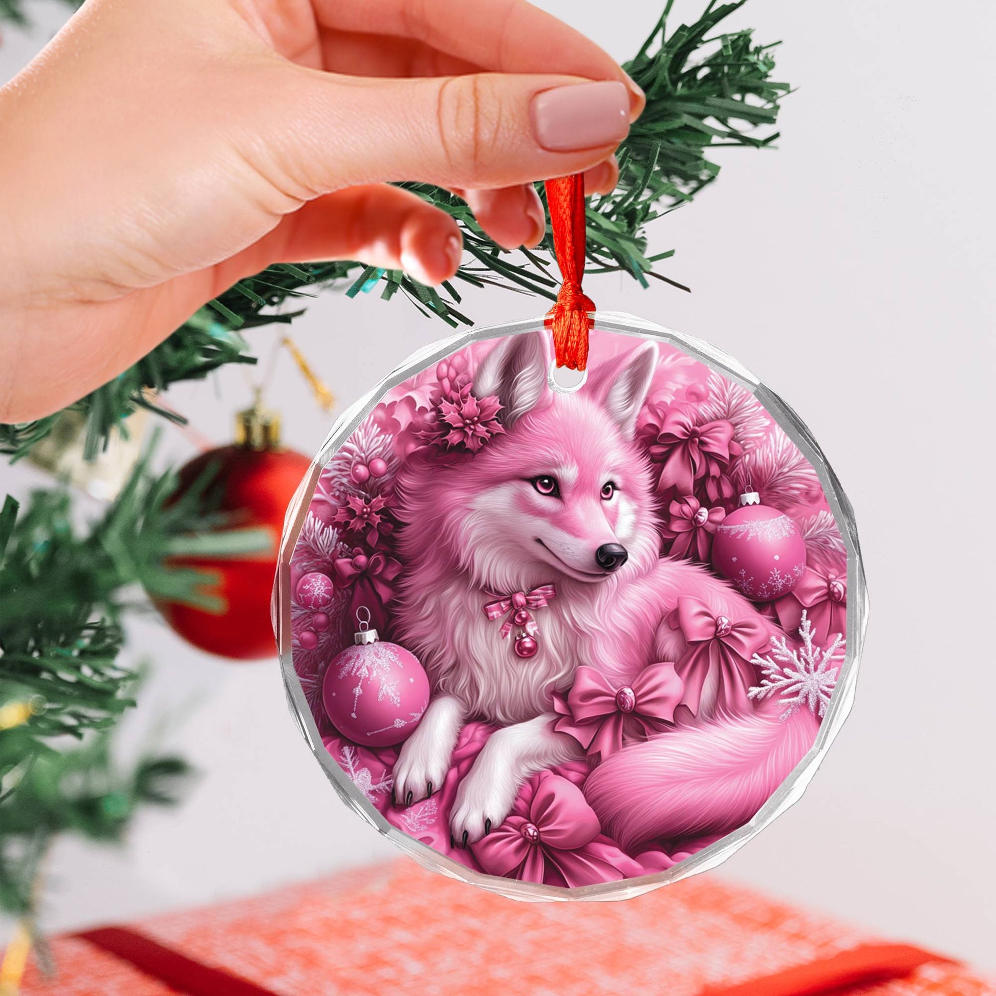 Wolf Pink Christmas Design 1 Glass Ornament