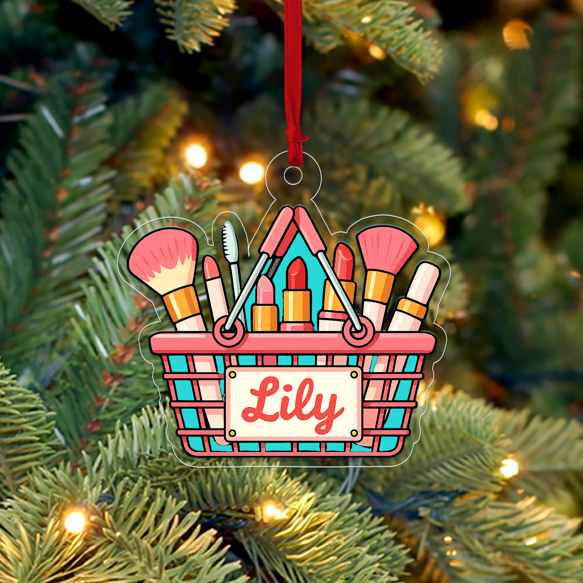Personalized Makeup Basket Acrylic Ornament, Christmas Decor, Beauty Ornaments, Makeup Artist Ornament, Xmas Makeup Gifts
