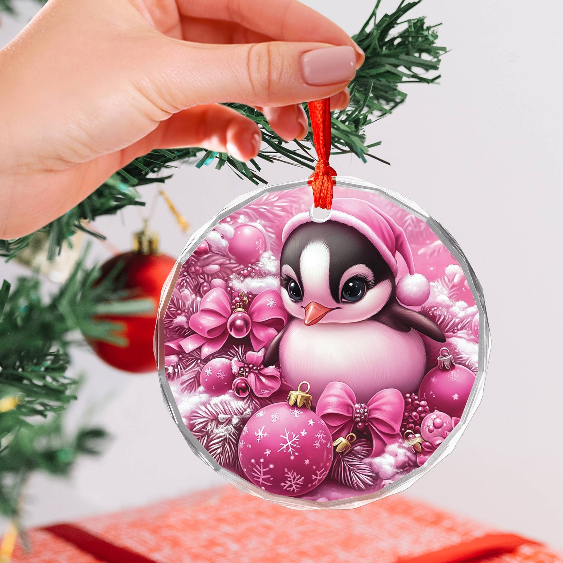 Penguin Pink Christmas Design 1 Glass Ornament