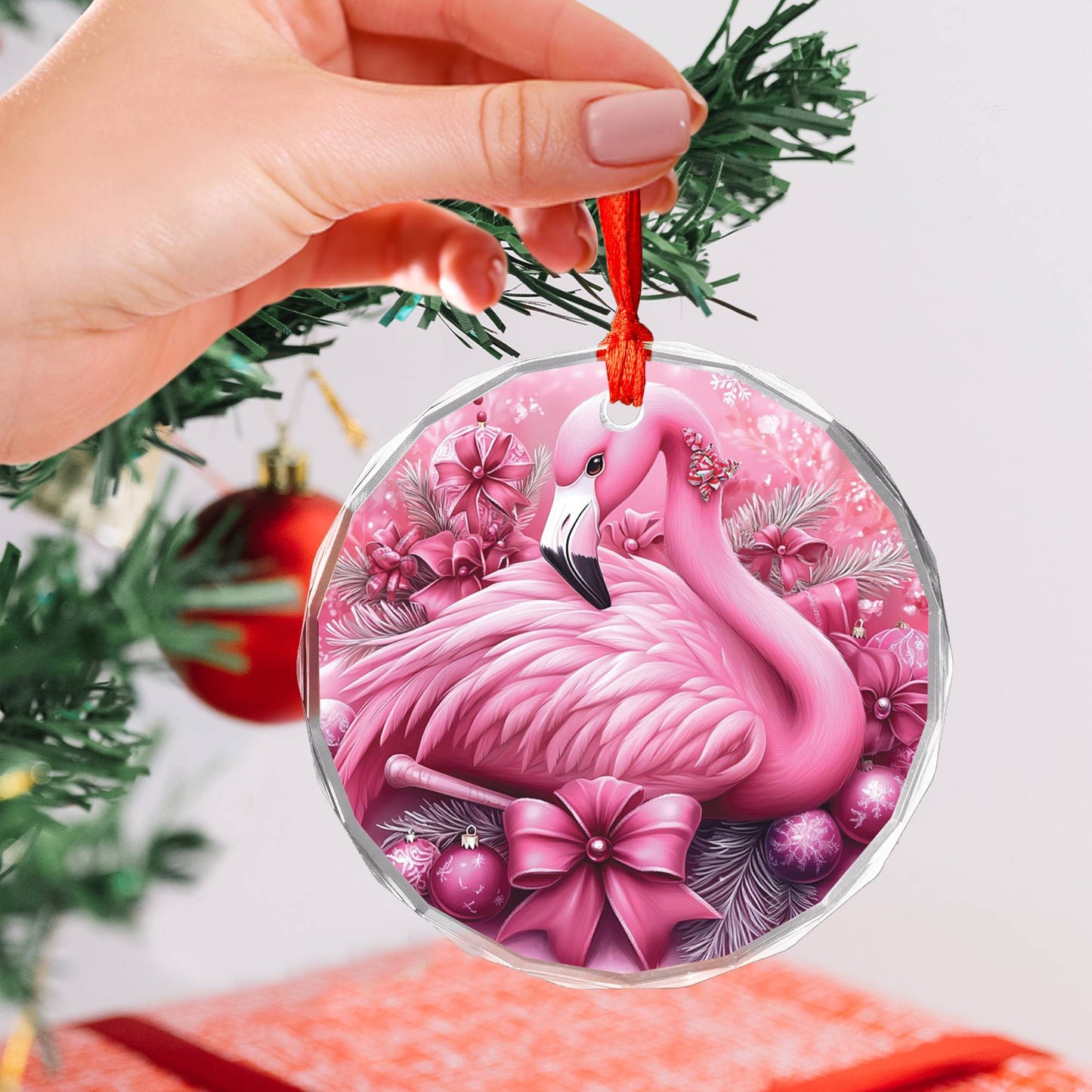 Flamingo Pink Christmas Design 4 Glass Ornament
