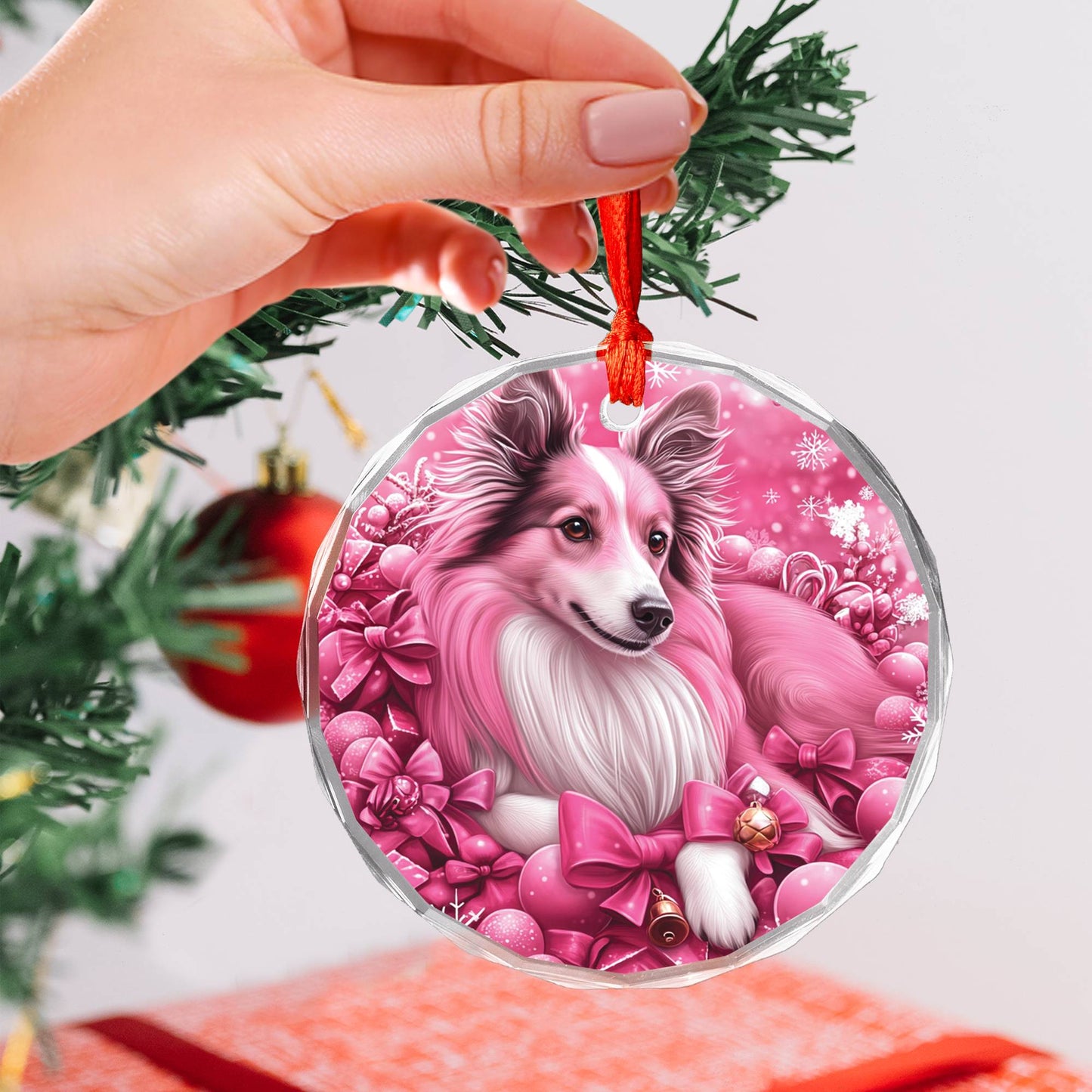 Collie Dog Pink Christmas Design 2 Glass Ornament