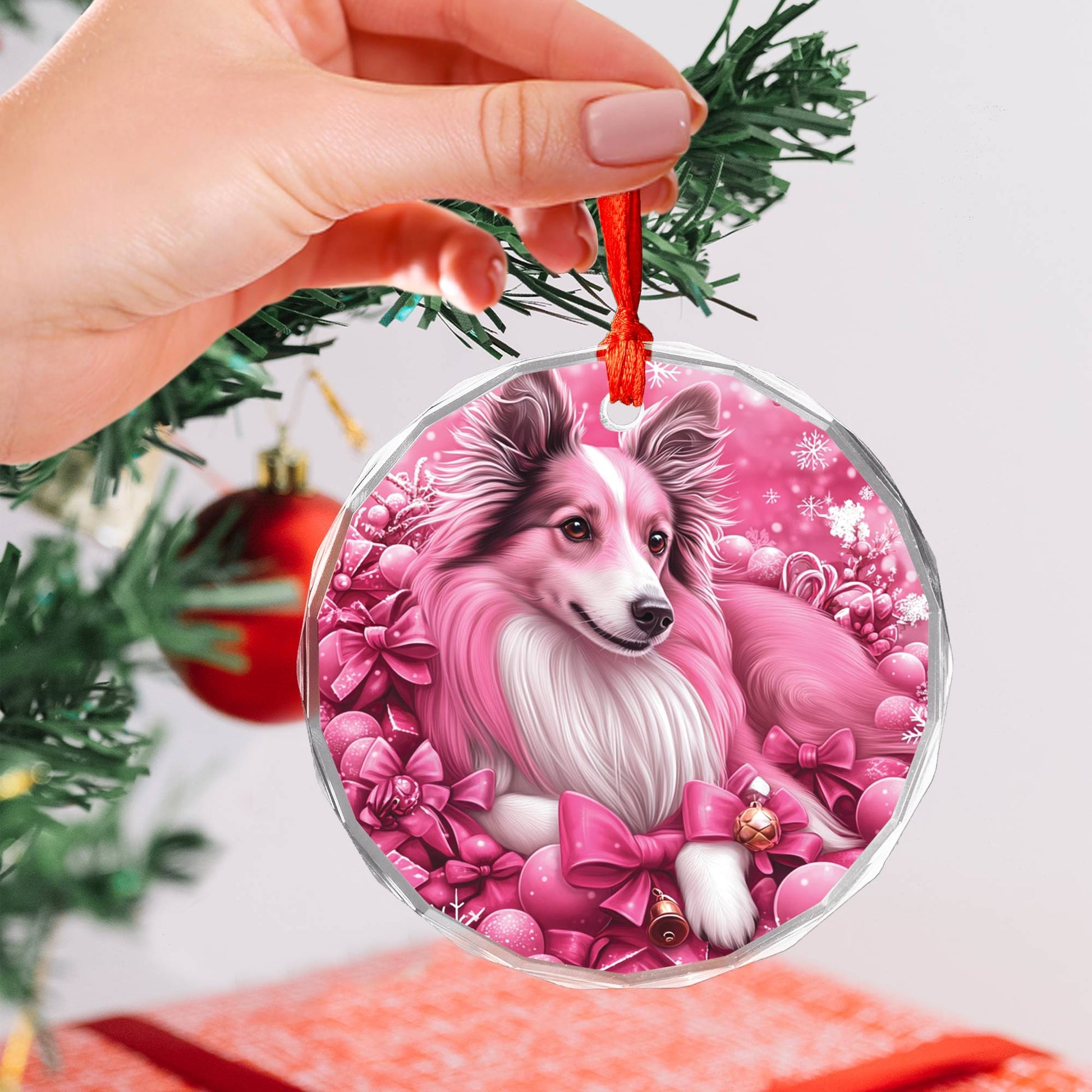 Collie Dog Pink Christmas Design 2 Glass Ornament