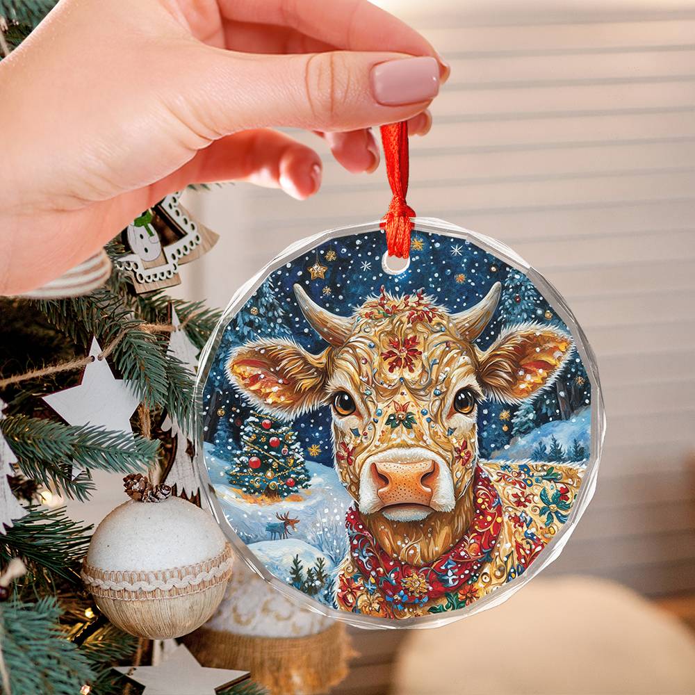 Beautiful Jersey Cow Christmas Night Design 1 Glass Ornament