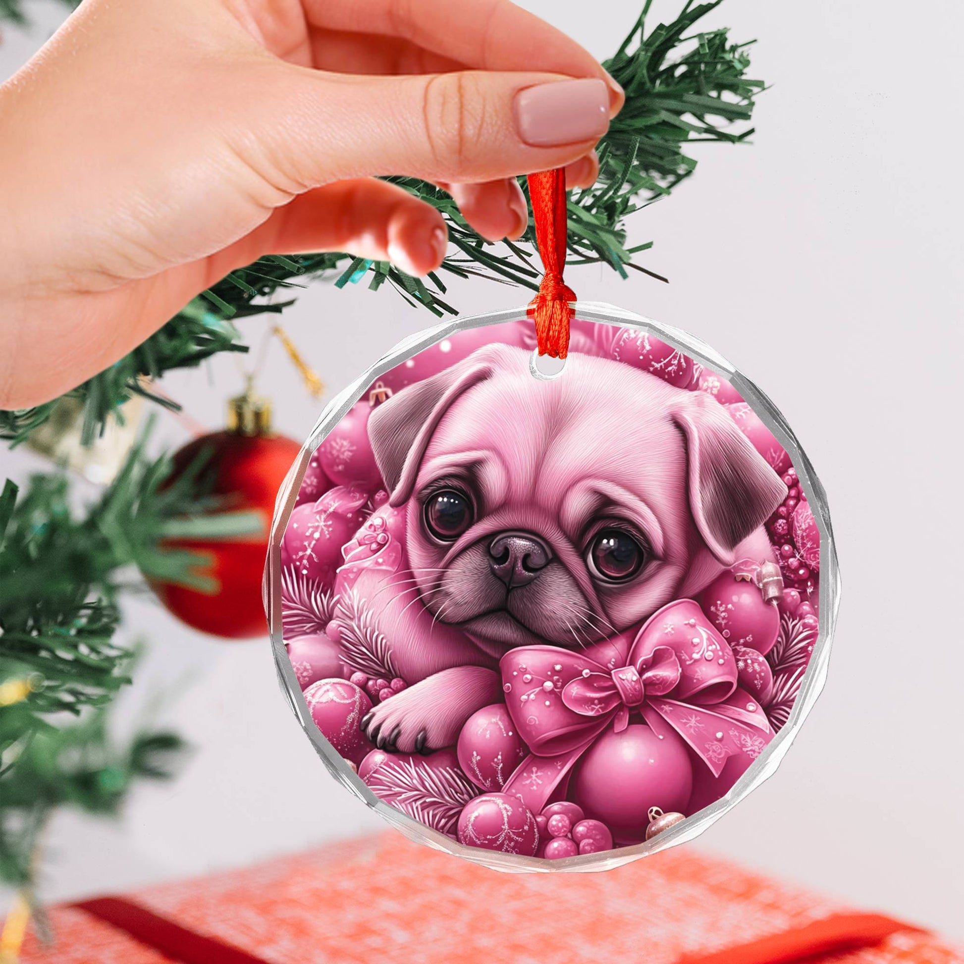 Pug Dog Pink Christmas Design 1 Glass Ornament