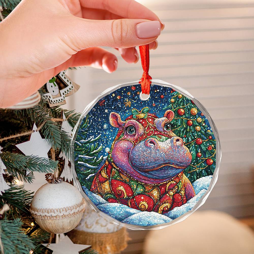 Beautiful Hippo Christmas Night Design 2 Glass Ornament