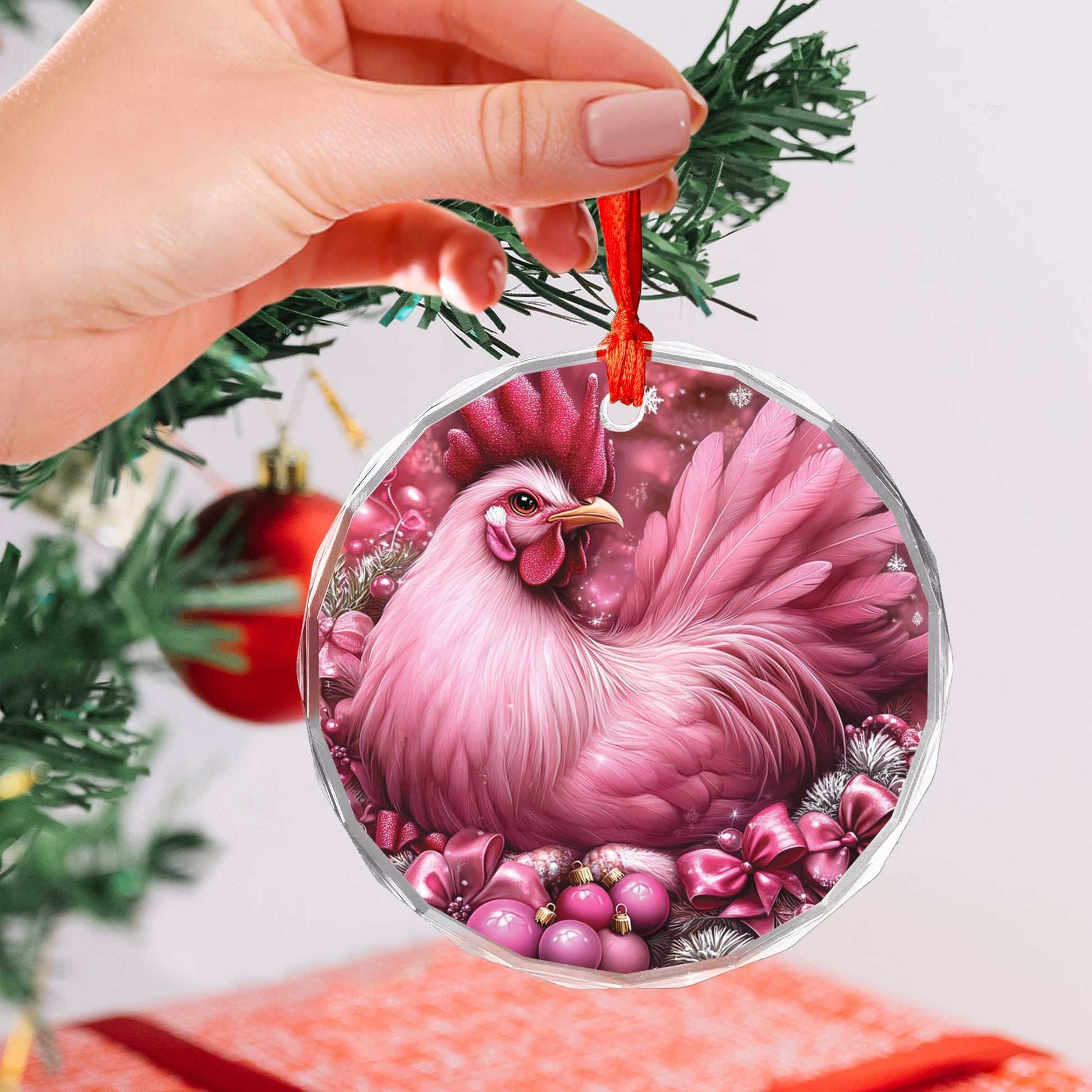 Rooster Pink Christmas Design 3 Glass Ornament