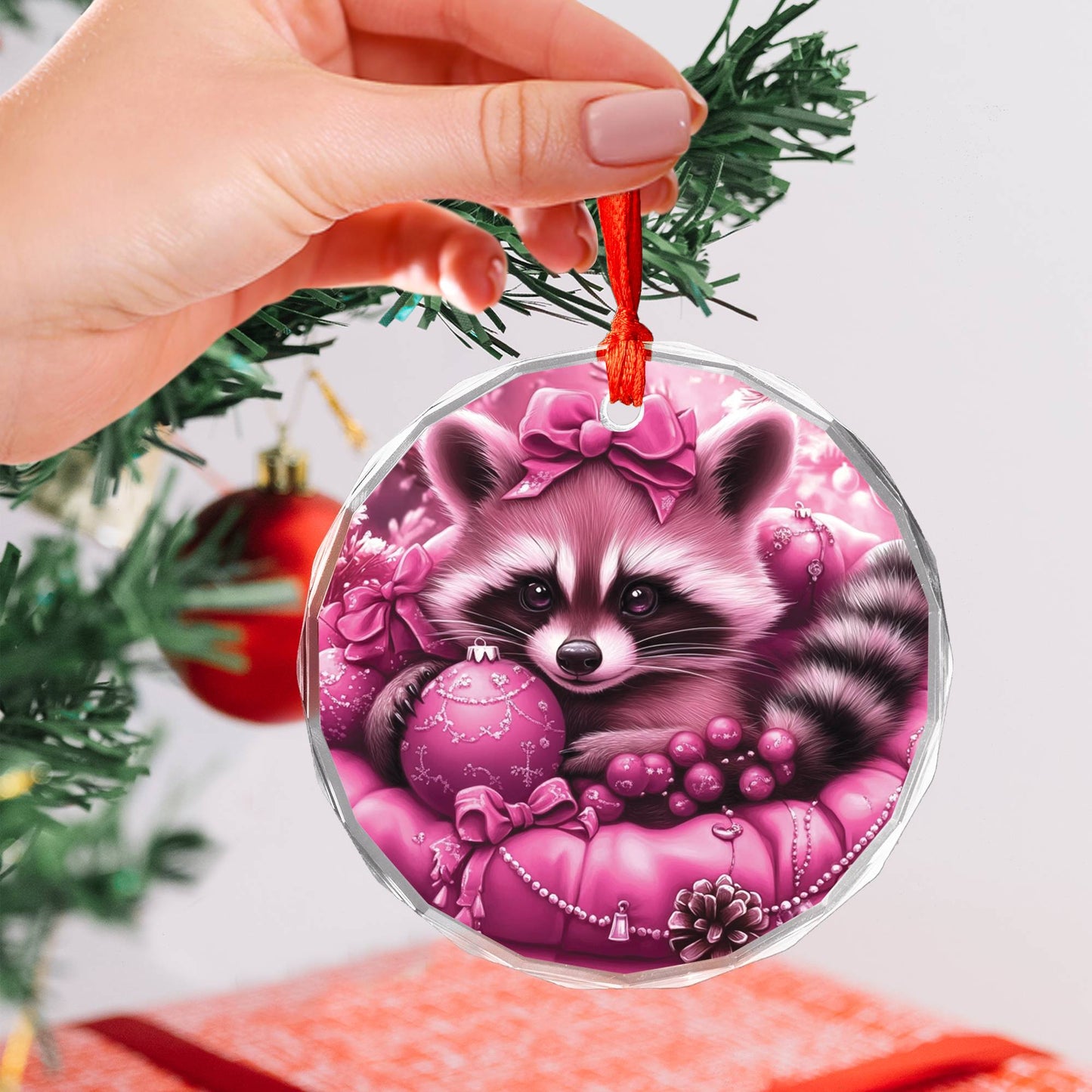 Racoon Pink Christmas Design 2 Glass Ornament
