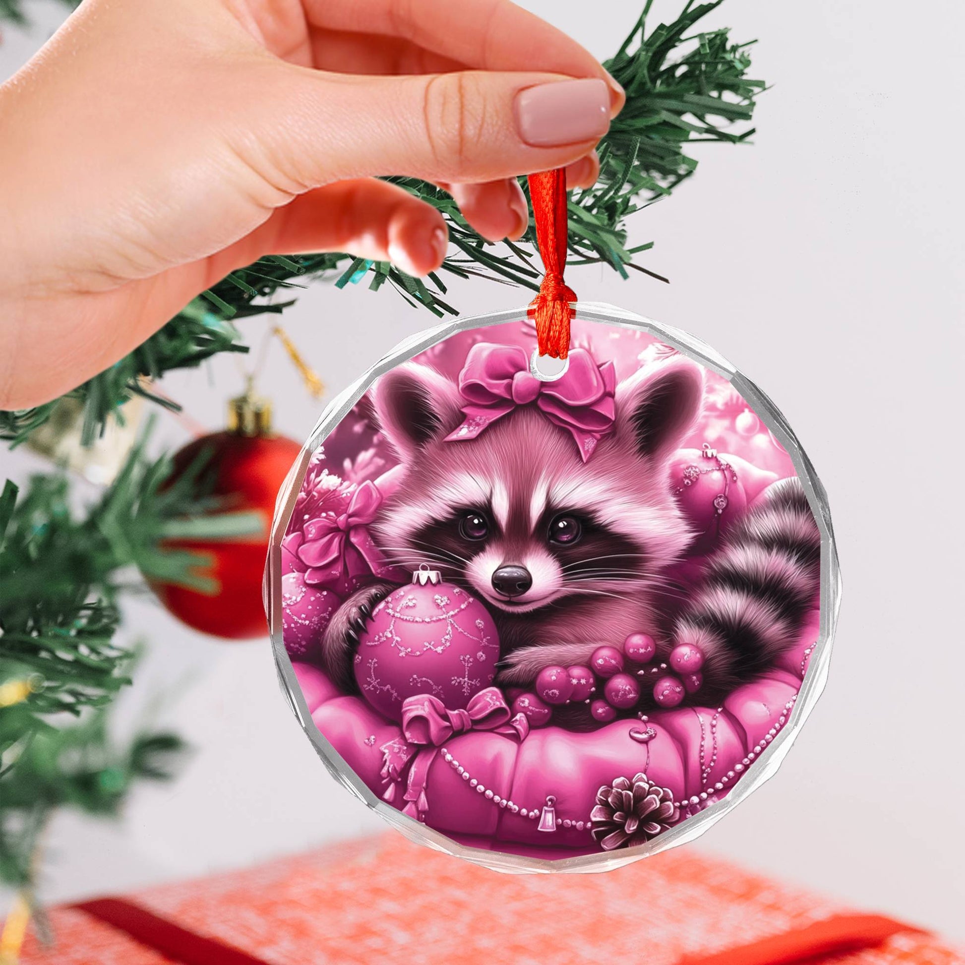 Racoon Pink Christmas Design 2 Glass Ornament
