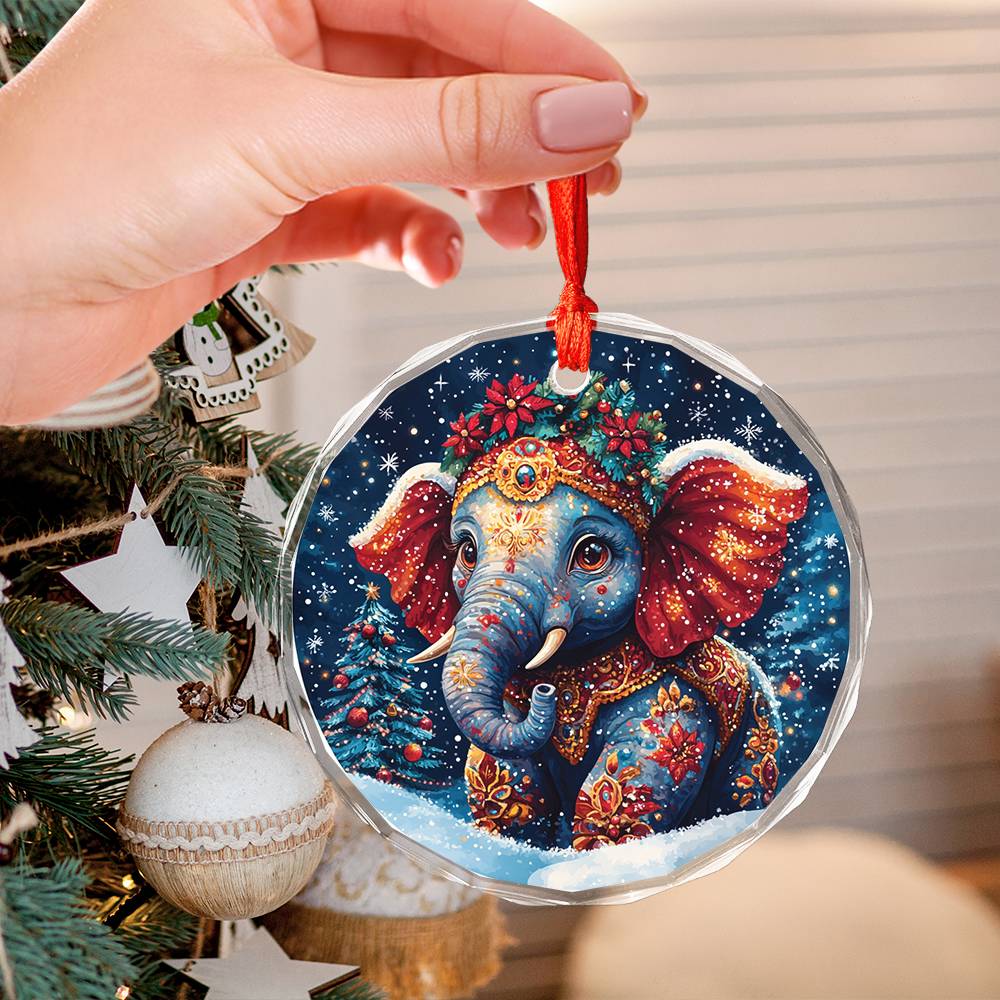 Beautiful Elephant Christmas Night Design 1 Glass Ornament