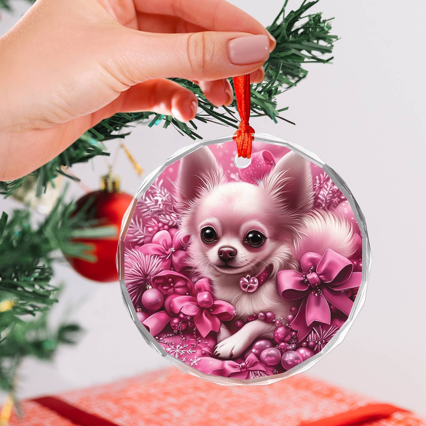 Chihuahua Dog Pink Christmas Design 1 Glass Ornament