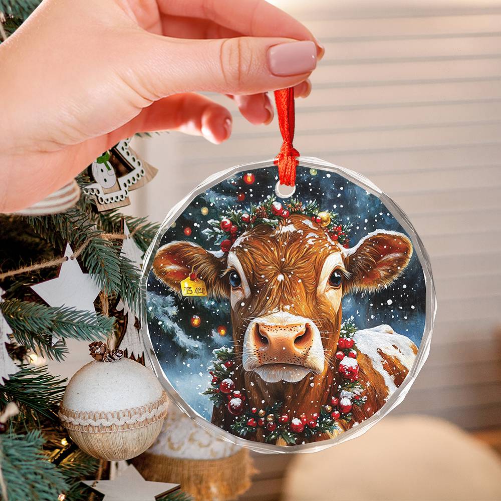 Beautiful Jersey Cow Christmas Night Design 2 Glass Ornament