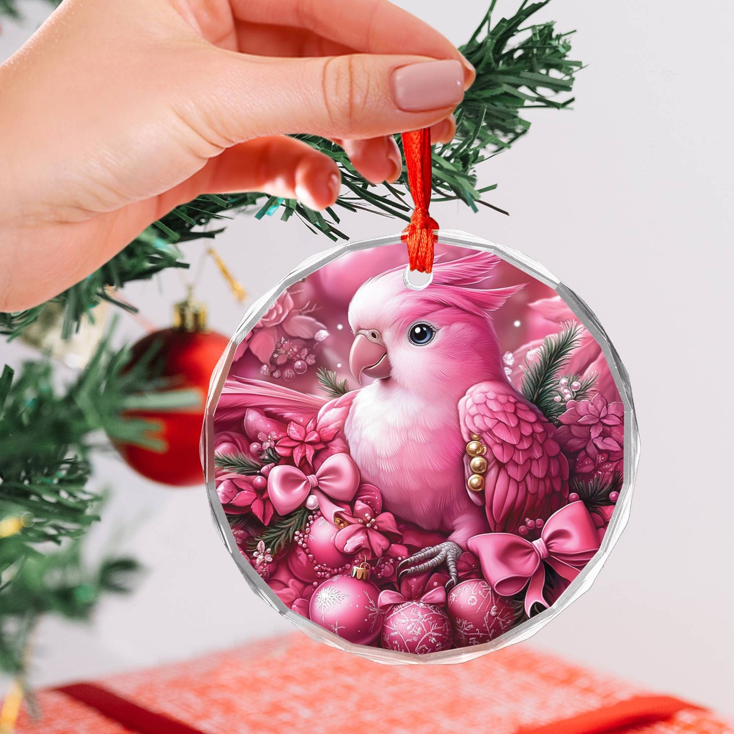 Parrot Pink Christmas Design 3 Glass Ornament