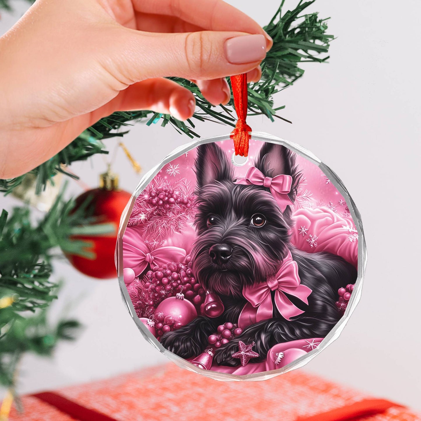 Scottish Terrier Dog Pink Christmas Design 1 Glass Ornament