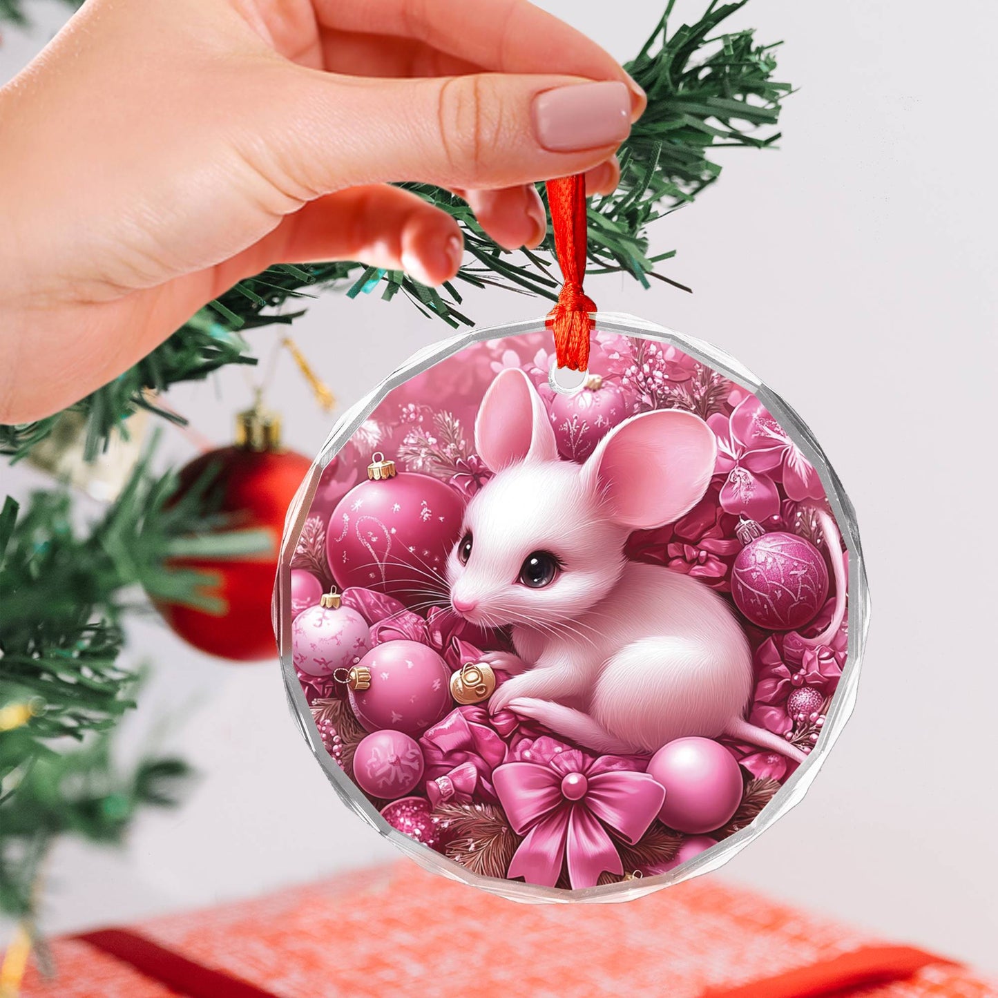 Mice Pink Christmas Design 2 Glass Ornament
