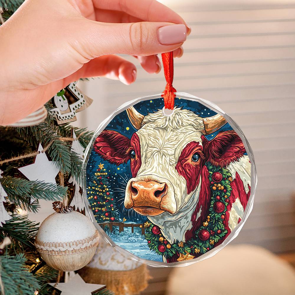 Beautiful Hereford Cow Christmas Night Design 3 Glass Ornament
