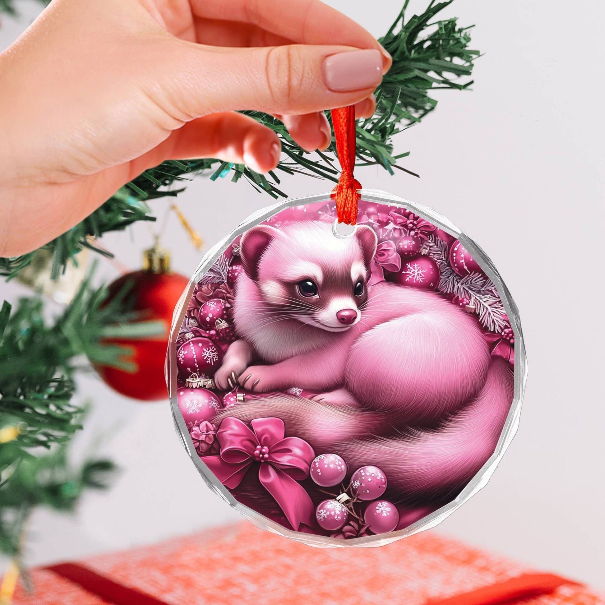 Ferret Pink Christmas Design 3 Glass Ornament