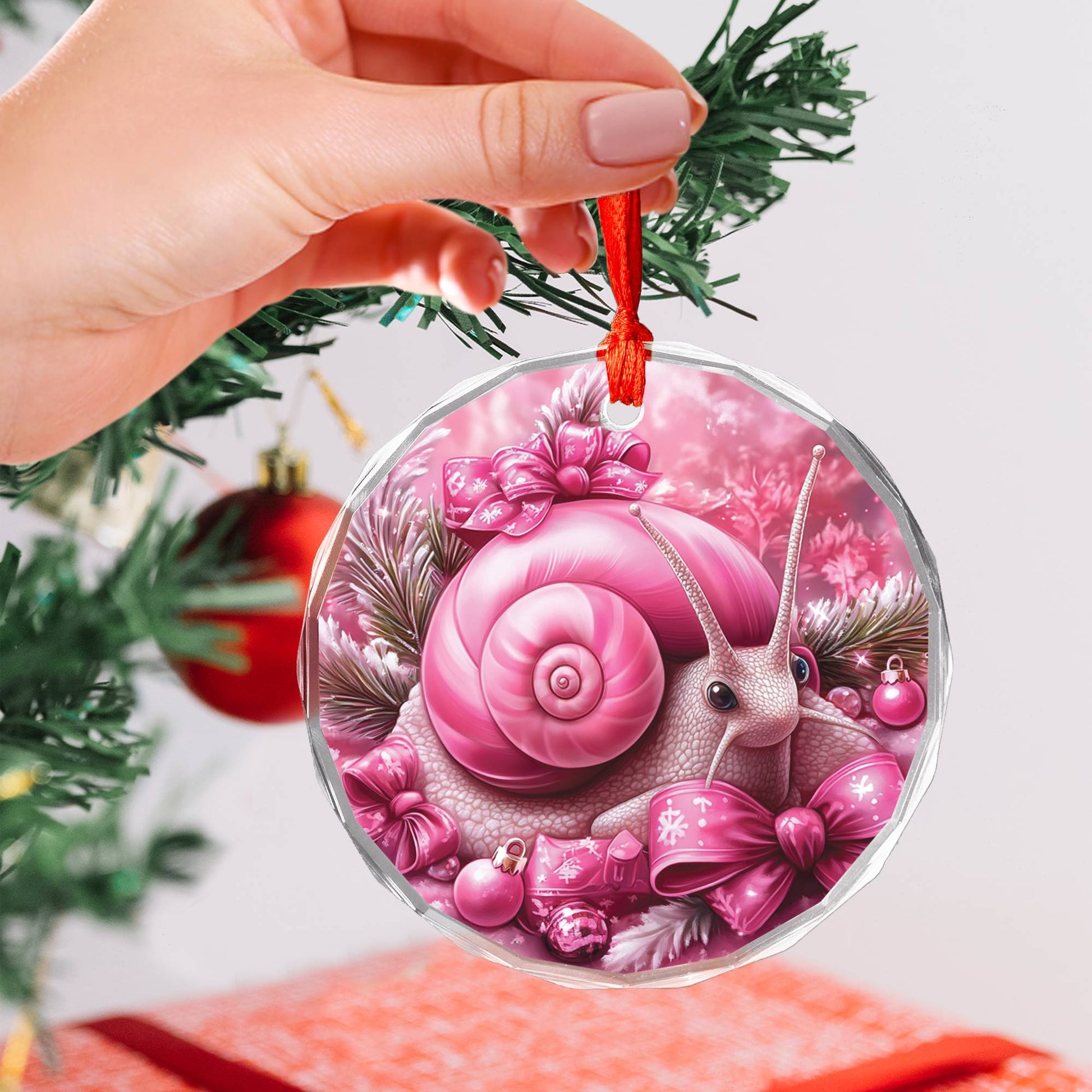 Snail Pink Christmas Design 1 Glass Ornament