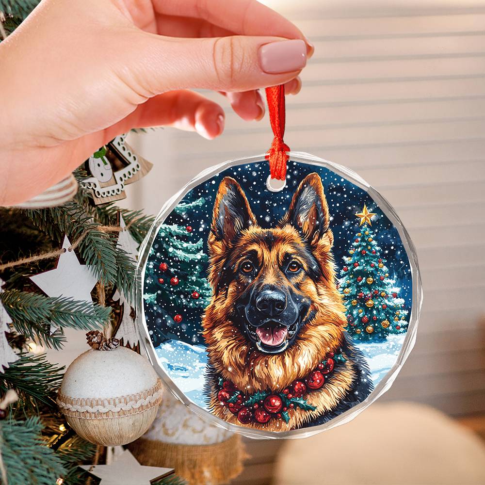 Beautiful Angus German Shepherd Dog Christmas Night Design 4 Glass Ornament