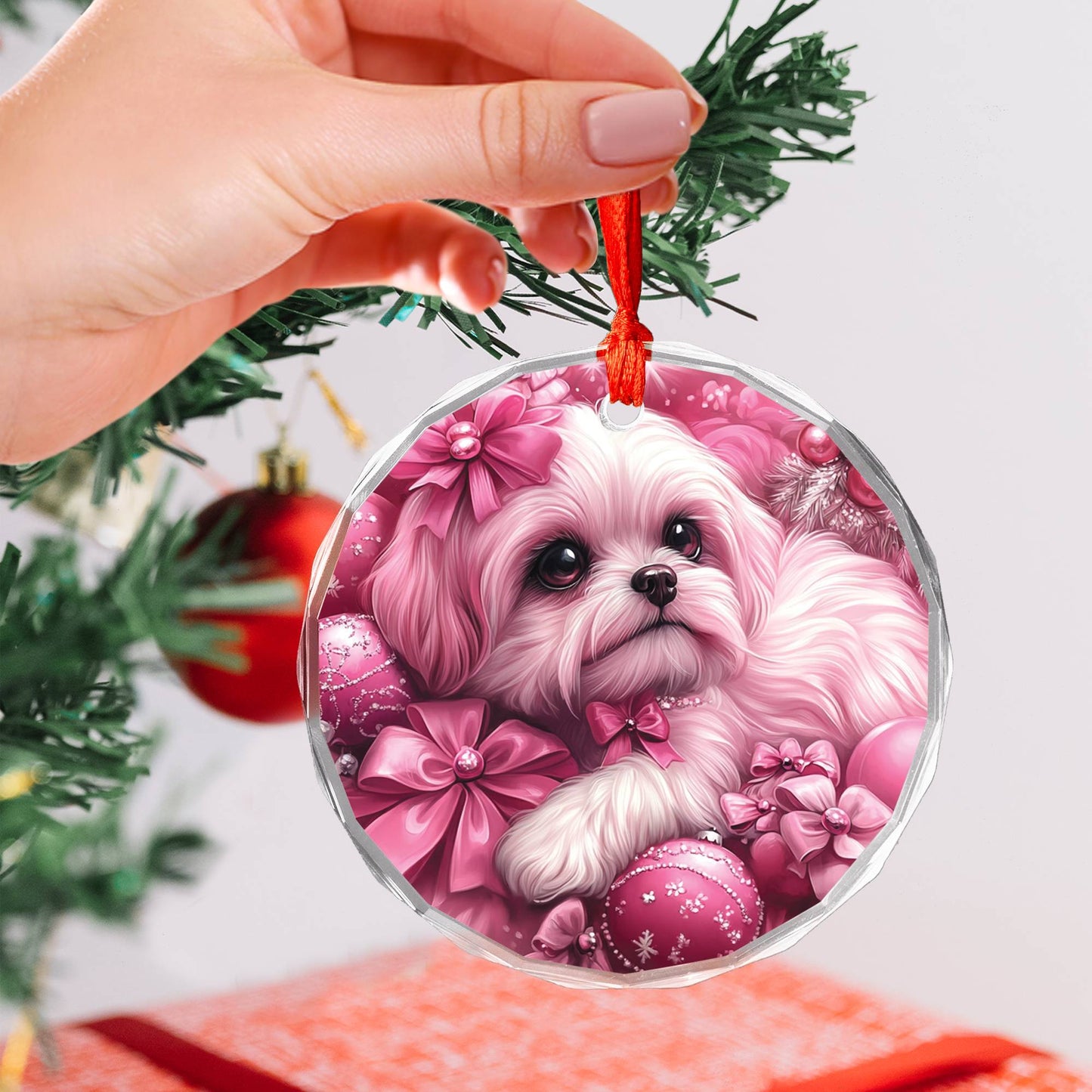 Shih Tzu Dog Pink Christmas Design 1 Glass Ornament