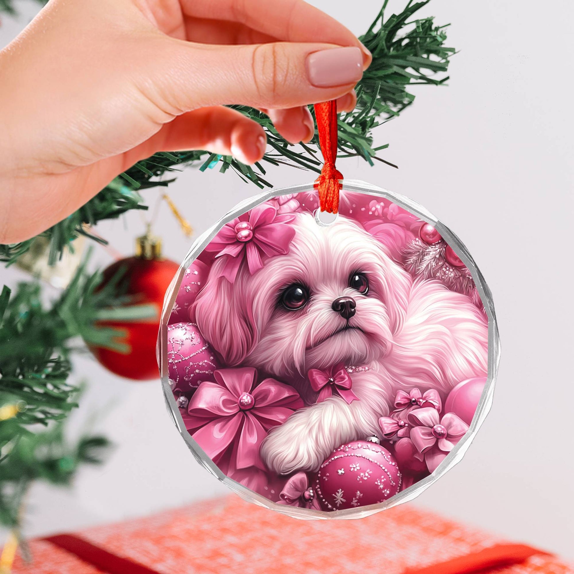 Shih Tzu Dog Pink Christmas Design 1 Glass Ornament