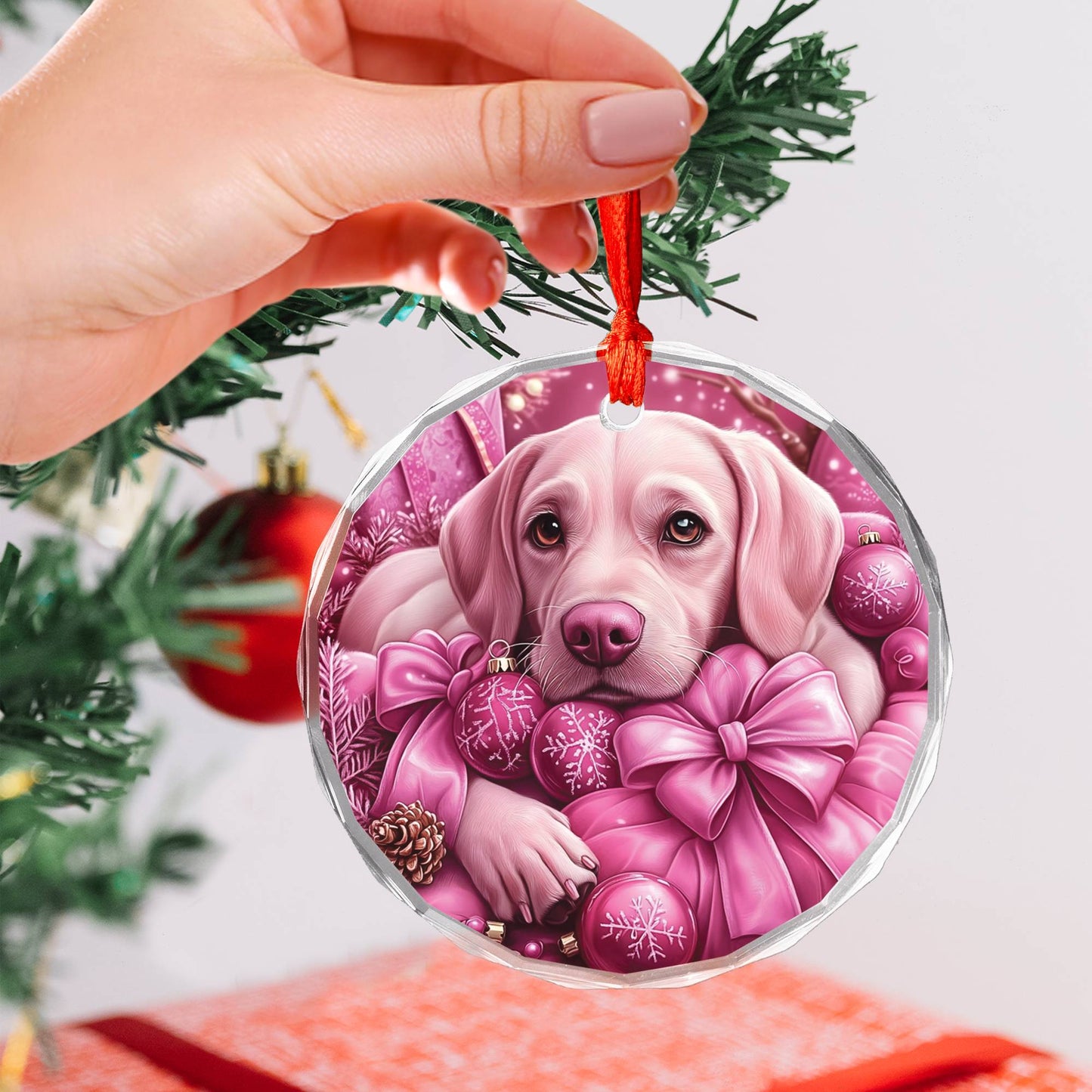 Labrador Retriever Dog Pink Christmas Design 4 Glass Ornament