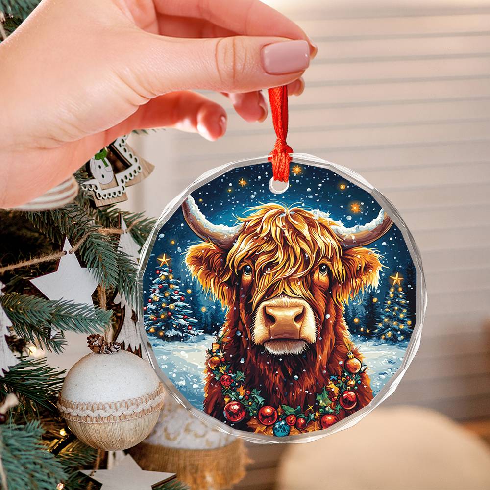 Beautiful Highland Cow Christmas Night Design 4 Glass Ornament