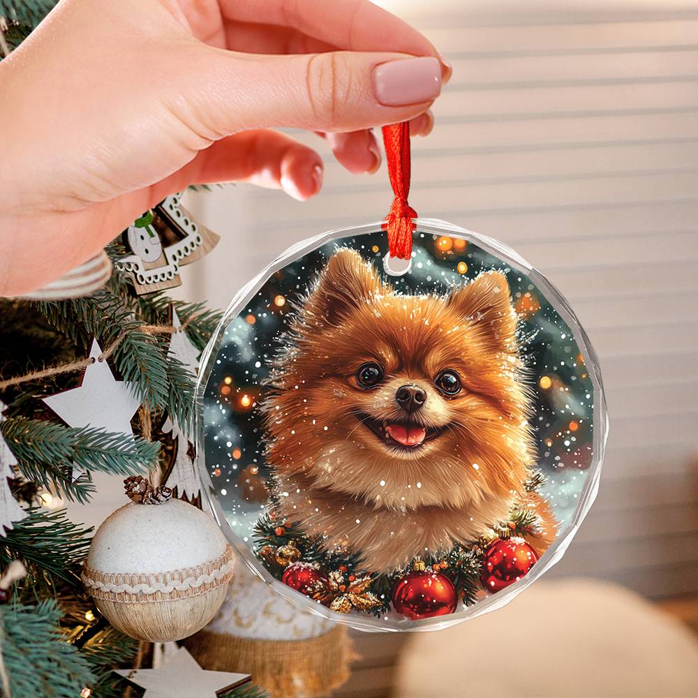 Beautiful Angus Pomeranian Dog Christmas Night Design 4 Glass Ornament