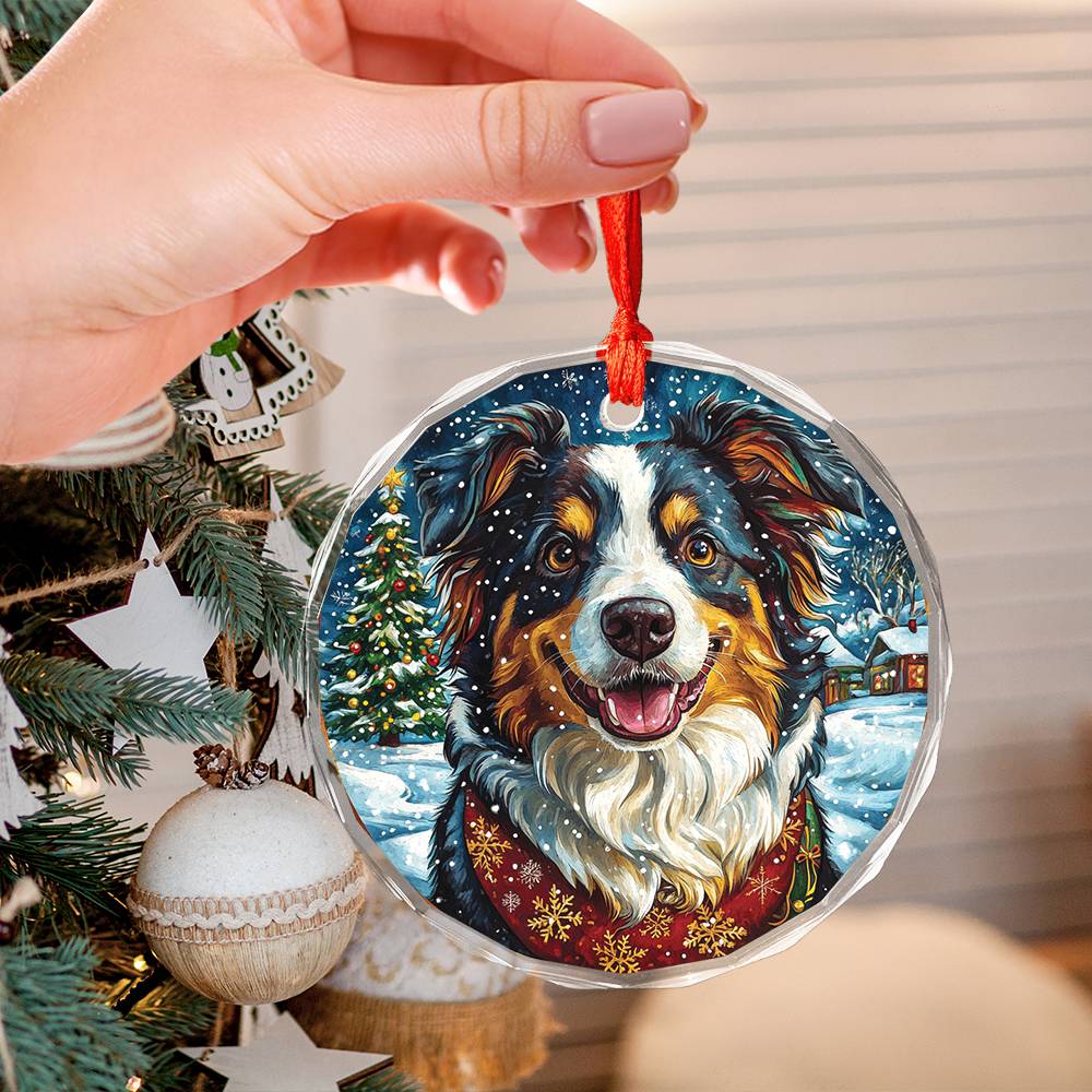 Beautiful Border Collie Dog Christmas Night Design 1 Glass Ornament