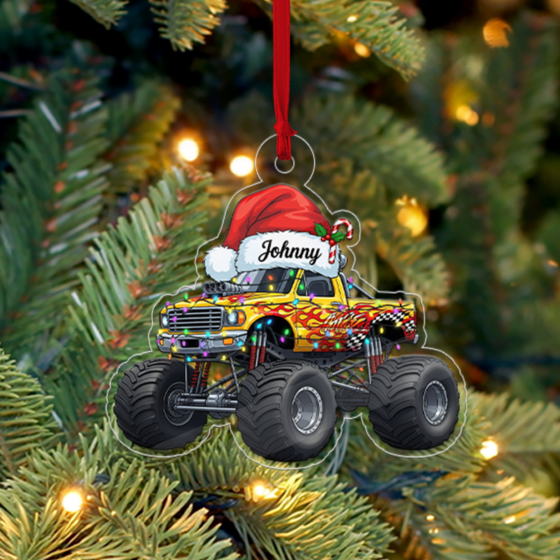 Custom Name Monster Truck With Led Light Acrylic Ornament Christmas Gift