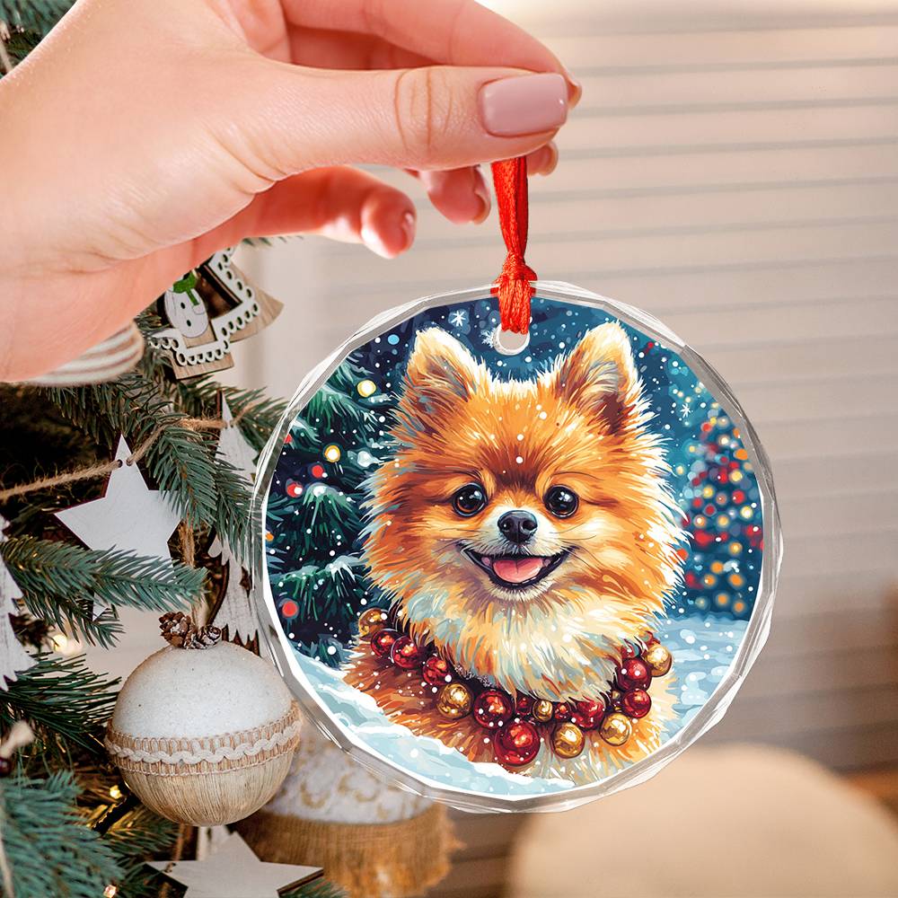 Beautiful Angus Pomeranian Dog Christmas Night Design 3 Glass Ornament