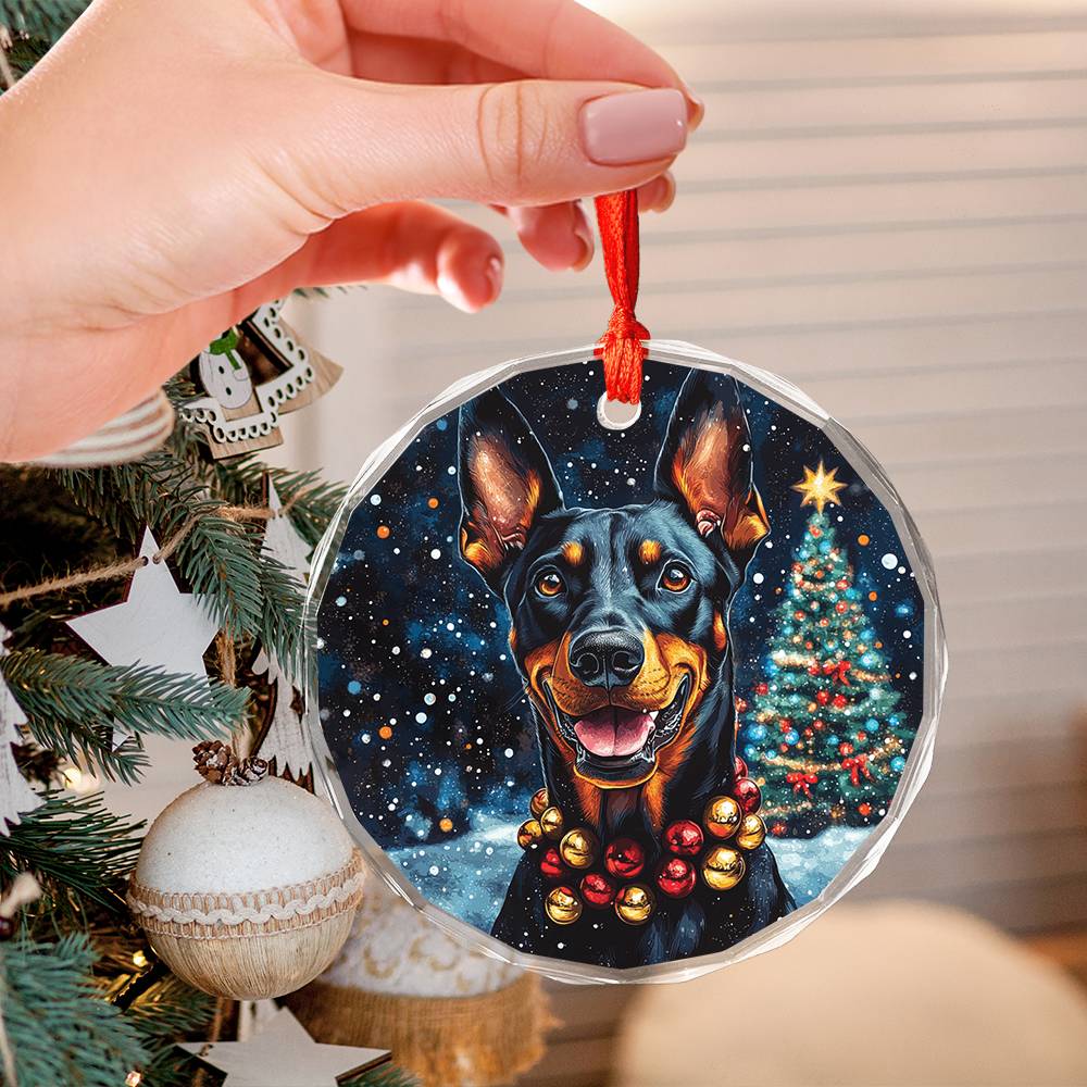Beautiful Angus Doberman Pinscher Dog Christmas Night Design 4 Glass Ornament