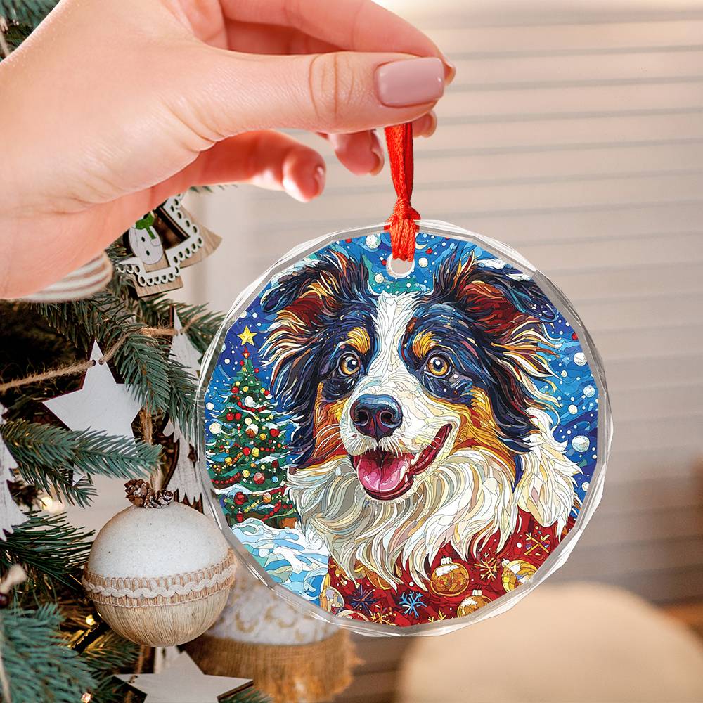 Beautiful Border Collie Dog Christmas Night Design 3 Glass Ornament