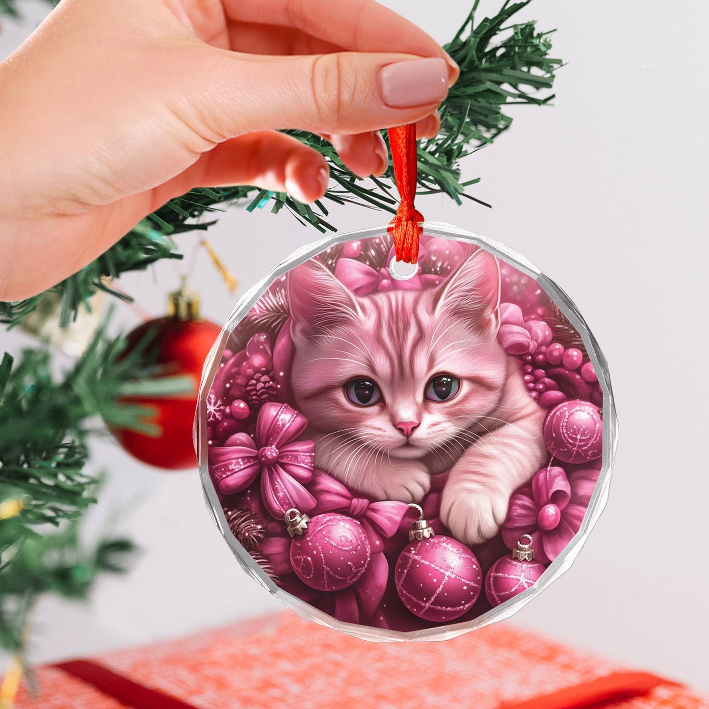 American Shorthair Pink Christmas Design 2 Glass Ornament