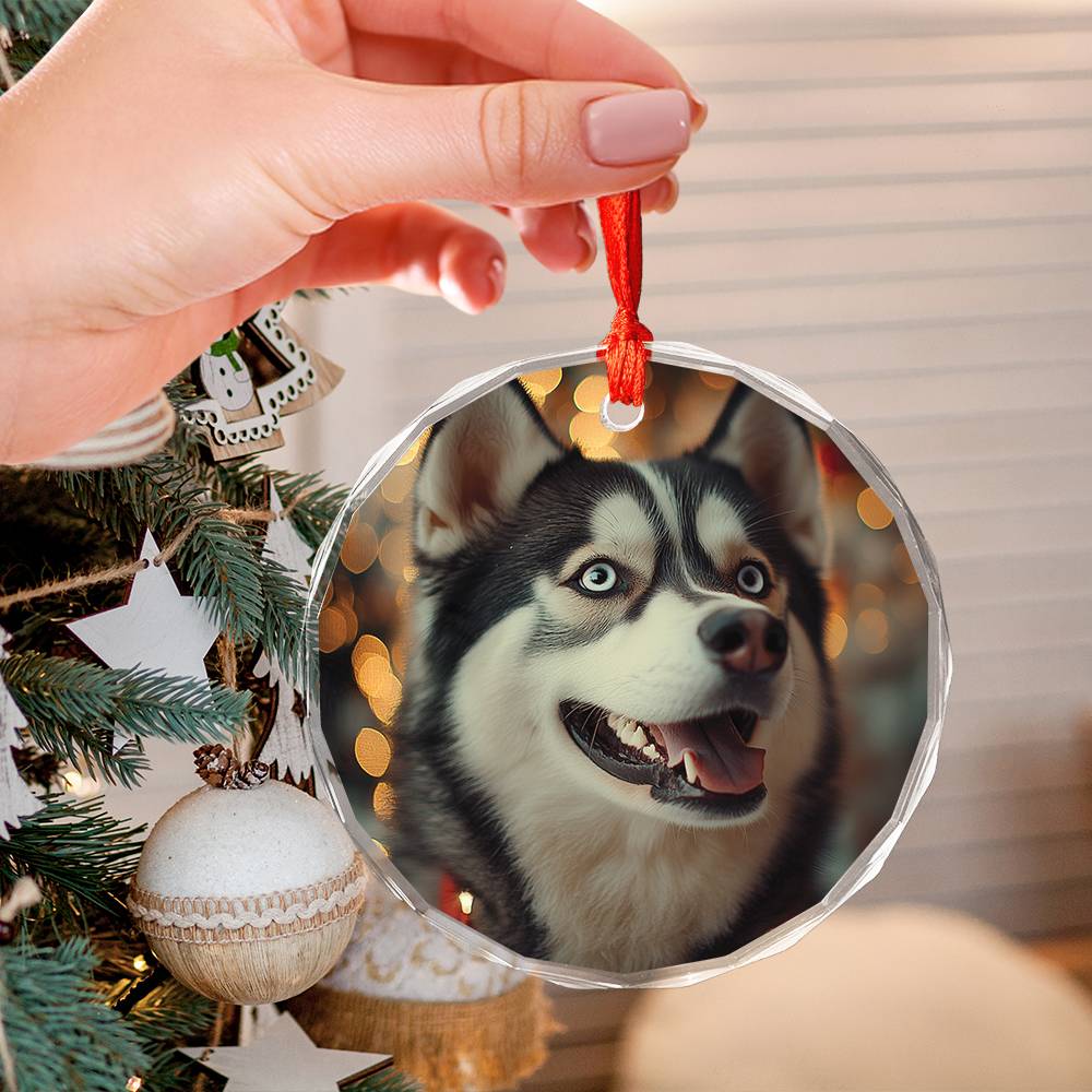 Beautiful Angus Huskie Dog Christmas Night Design 1 Glass Ornament