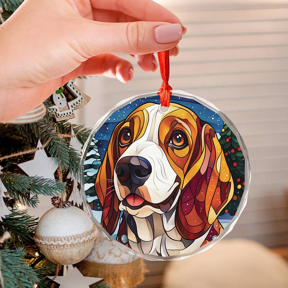 Beautiful Bassett Hound Dog Christmas Night Design 4 Glass Ornament