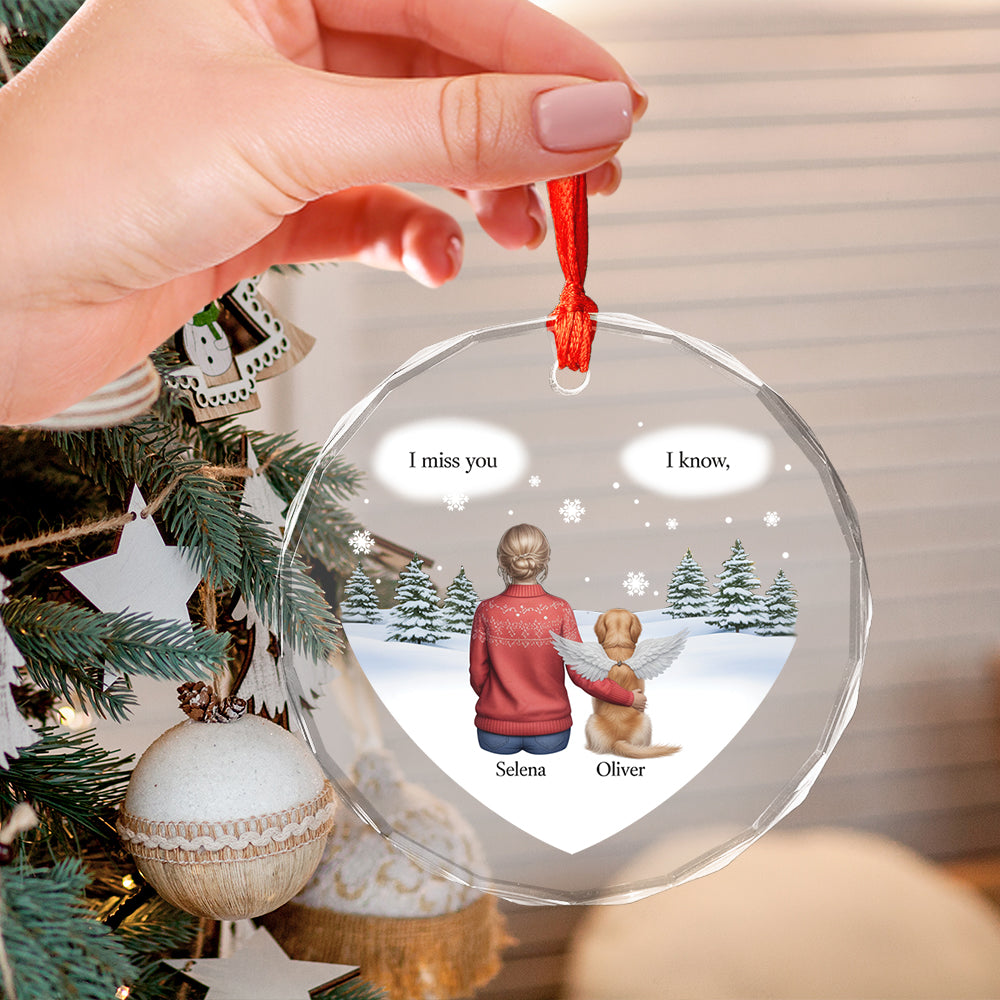 I Miss You Memorial Dog Cat - Personalized Heart Shaped Glass Ornament