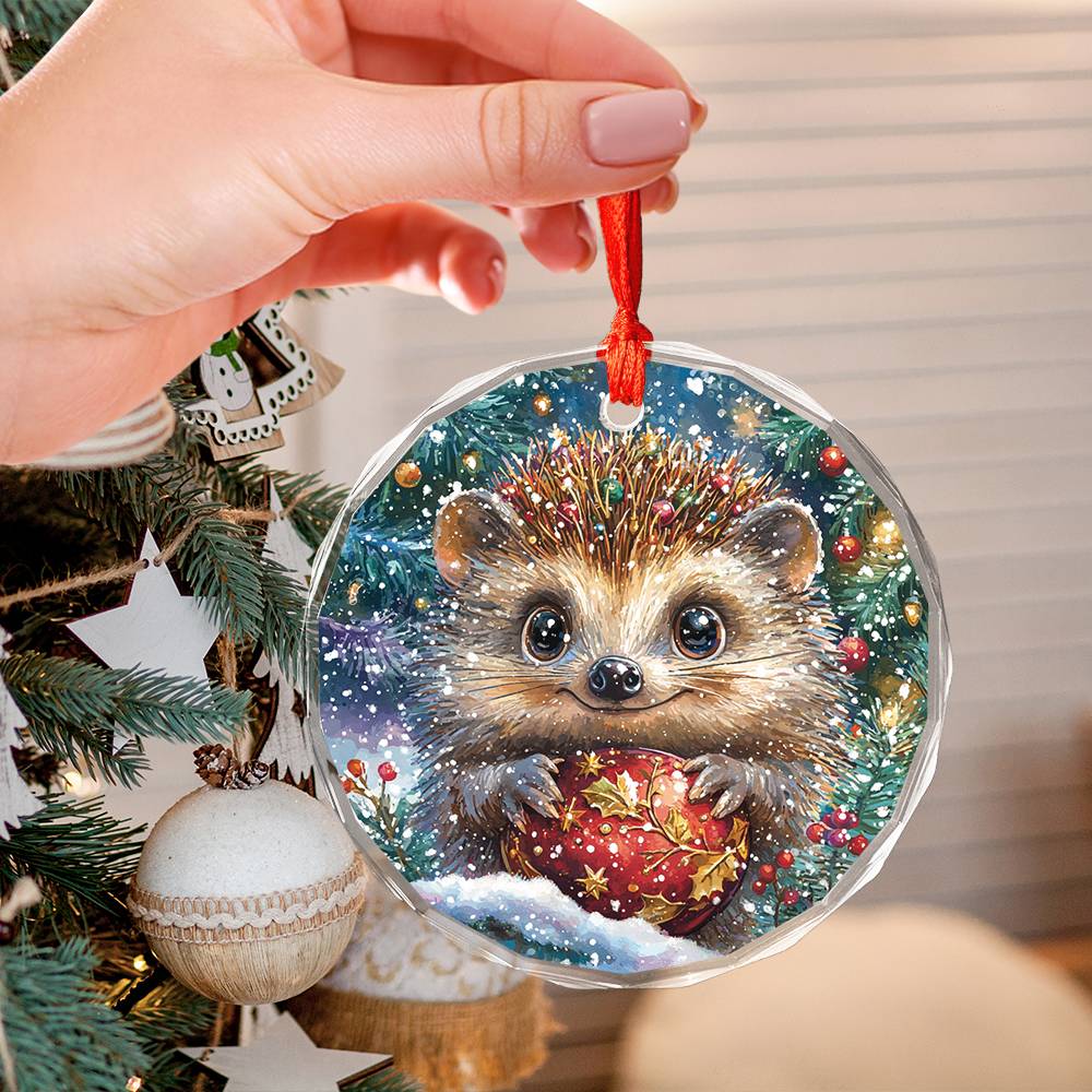 Beautiful Angus Hedgehog Christmas Night Design 3 Glass Ornament