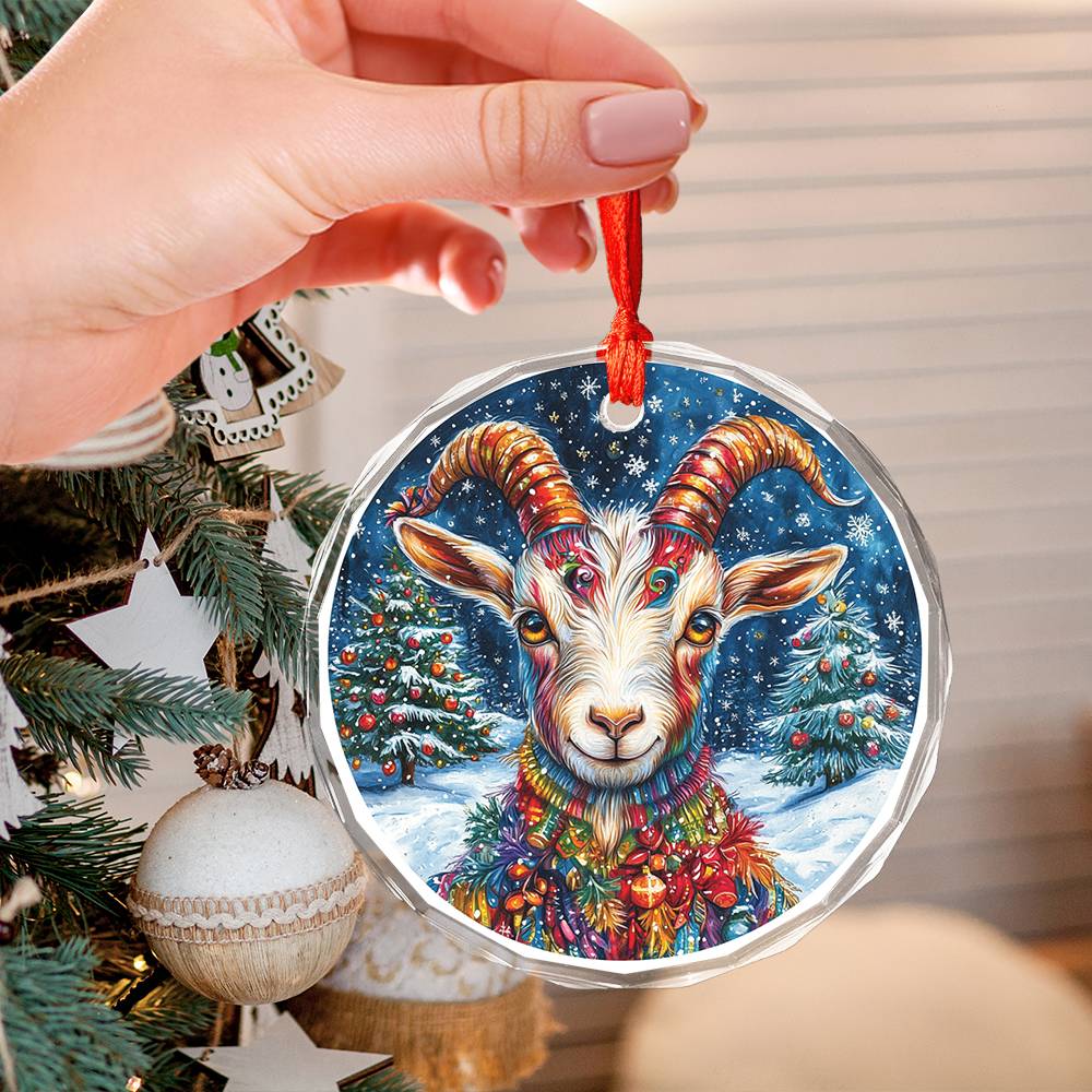 Beautiful Goat Christmas Night Design 3 Glass Ornament